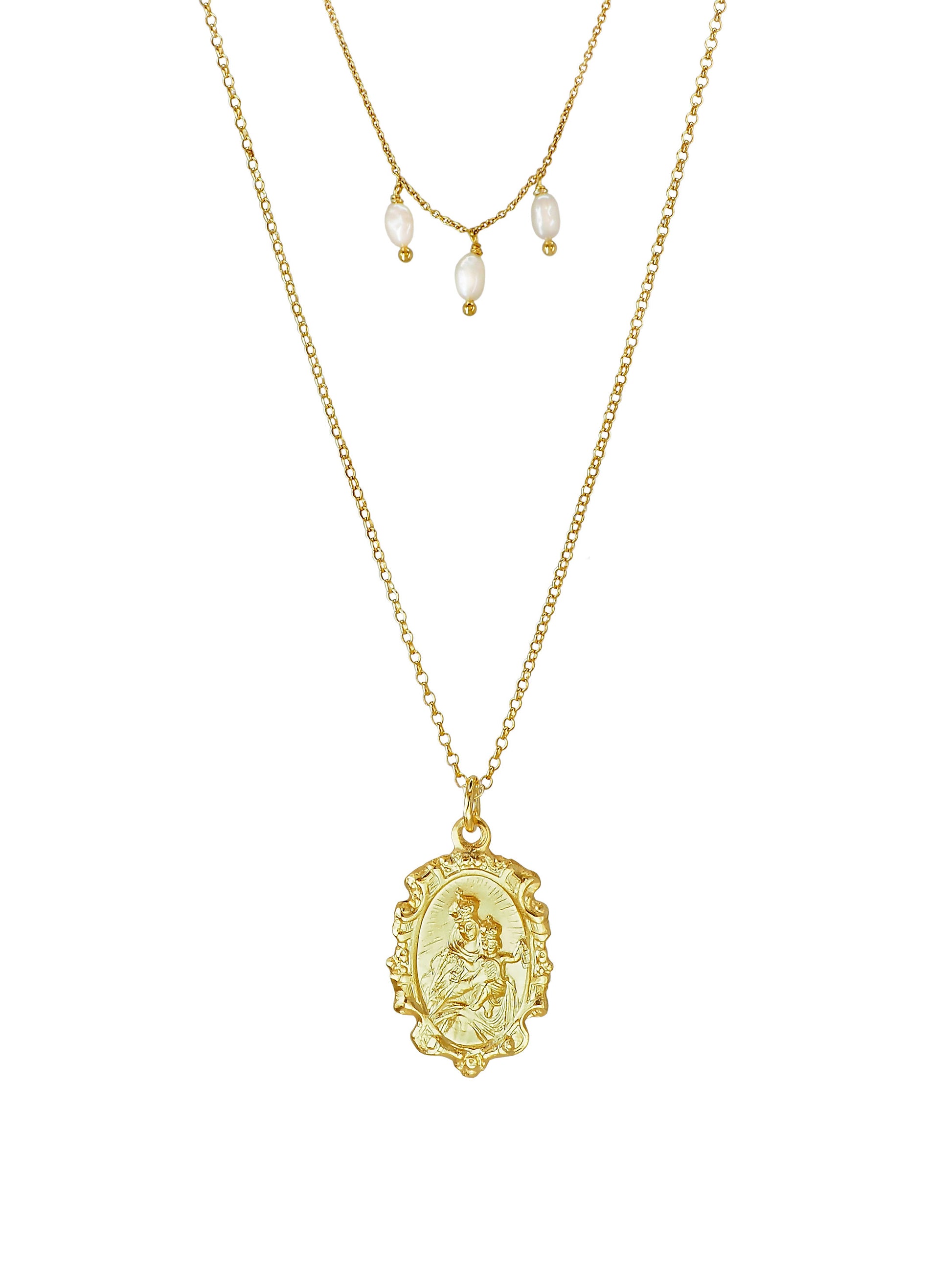Our Lady of Carmen double-chain pearl necklace by Pola Jewellery — vintage gold-plated sterling-silver pendant with Sacred Heart and freshwater pearls.