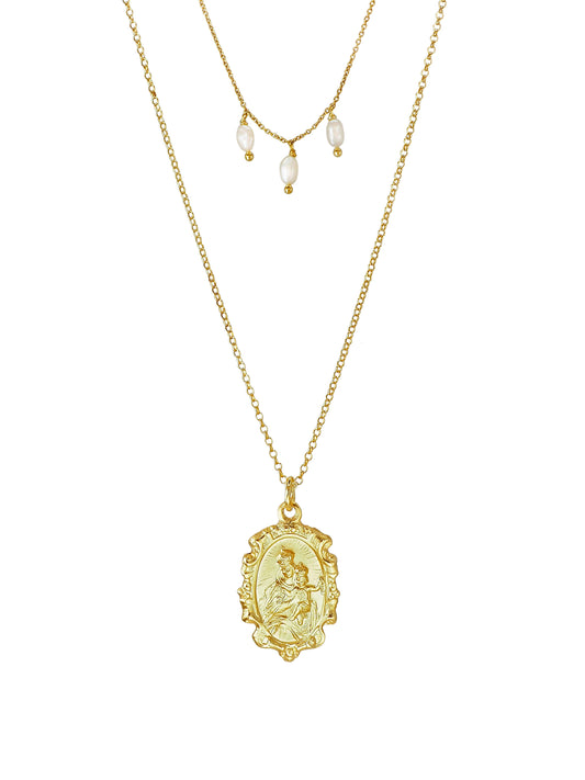 Our Lady of Carmen double-chain pearl necklace by Pola Jewellery — vintage gold-plated sterling-silver pendant with Sacred Heart and freshwater pearls.