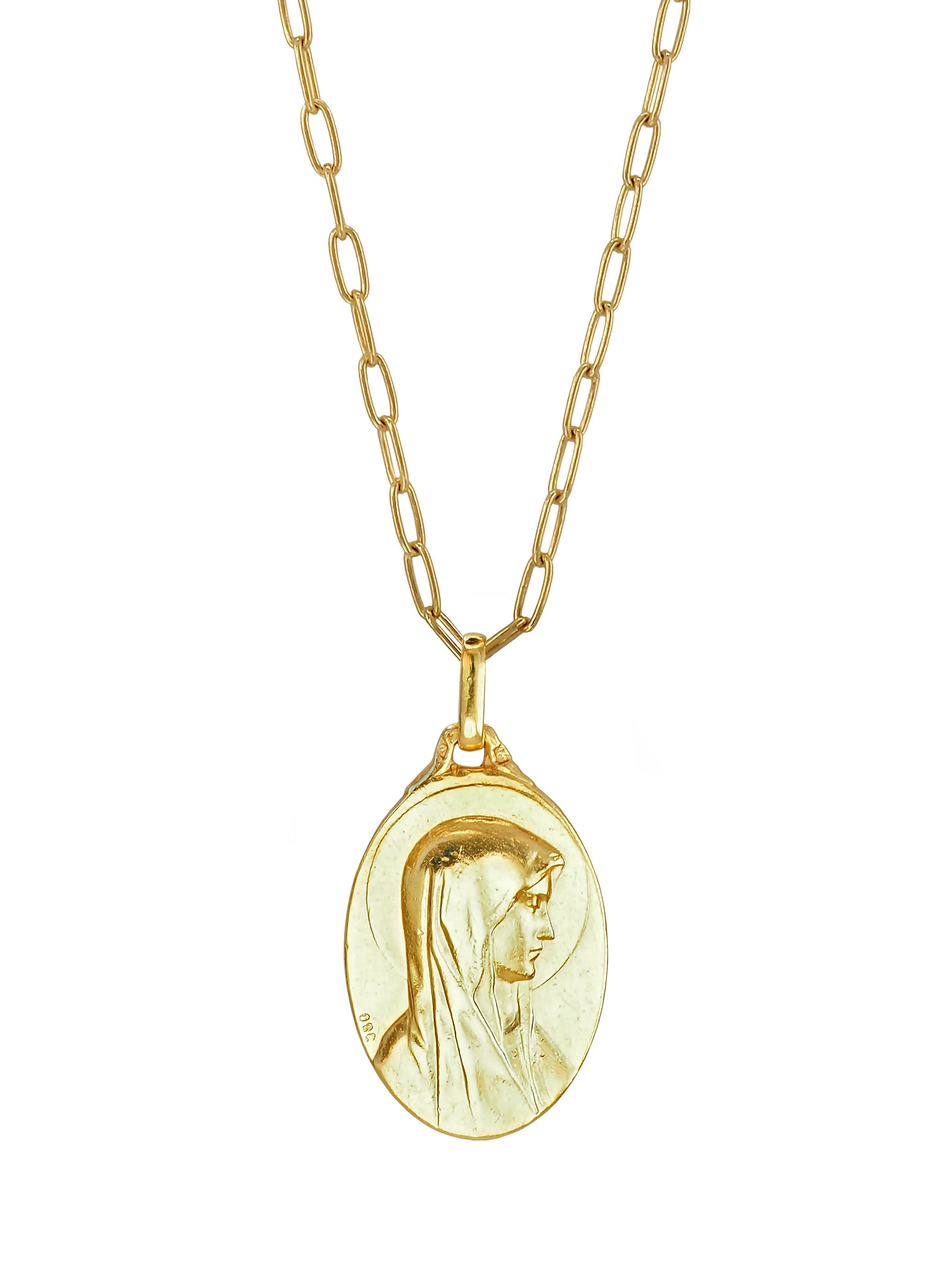 Vintage Our Lady of Lourdes pendant necklace in gold-plated sterling silver on modern chain by Pola Jewellery.