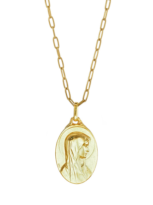 Vintage Our Lady of Lourdes pendant necklace in gold-plated sterling silver on modern chain by Pola Jewellery.