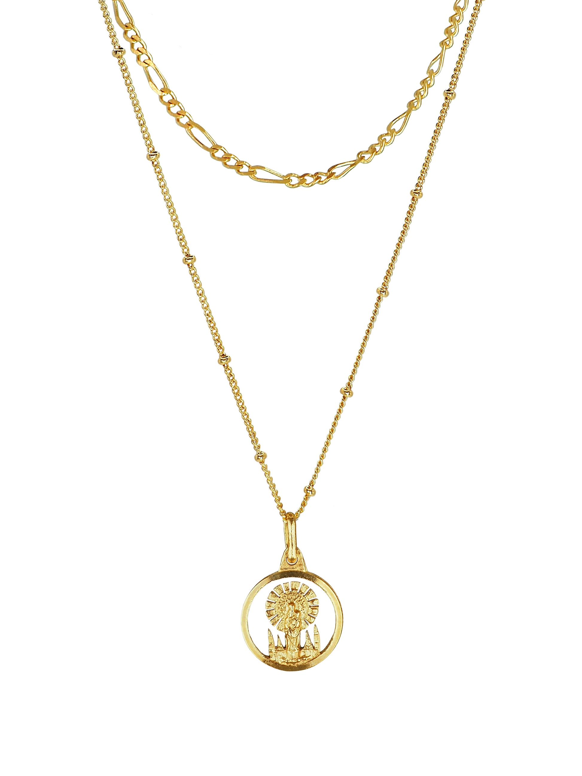 Two-layer Our Lady of Pilar necklace with antique medal on gold-plated chains by Pola Jewellery.