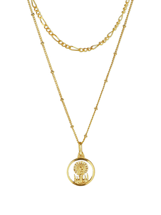 Two-layer Our Lady of Pilar necklace with antique medal on gold-plated chains by Pola Jewellery.
