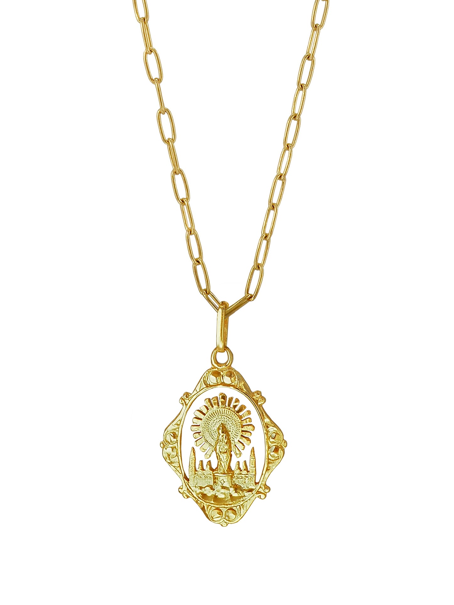 Vintage Our Lady of Pilar pendant necklace in gold-plated sterling silver on modern chain by Pola Jewellery.