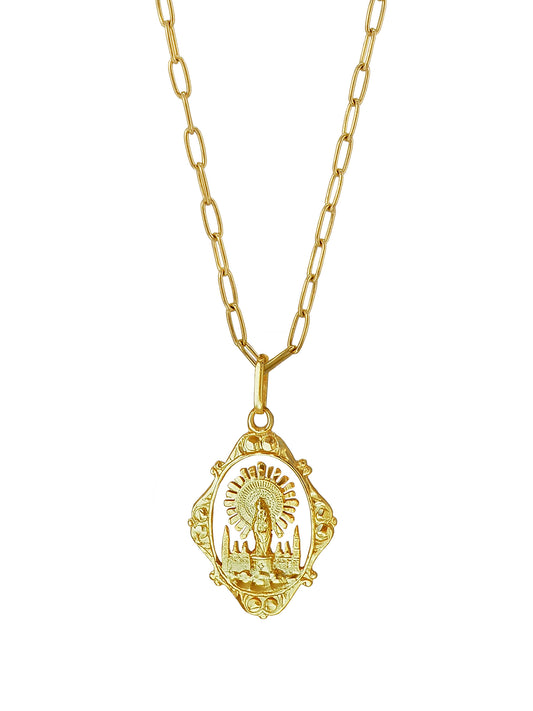 Vintage Our Lady of Pilar pendant necklace in gold-plated sterling silver on modern chain by Pola Jewellery.