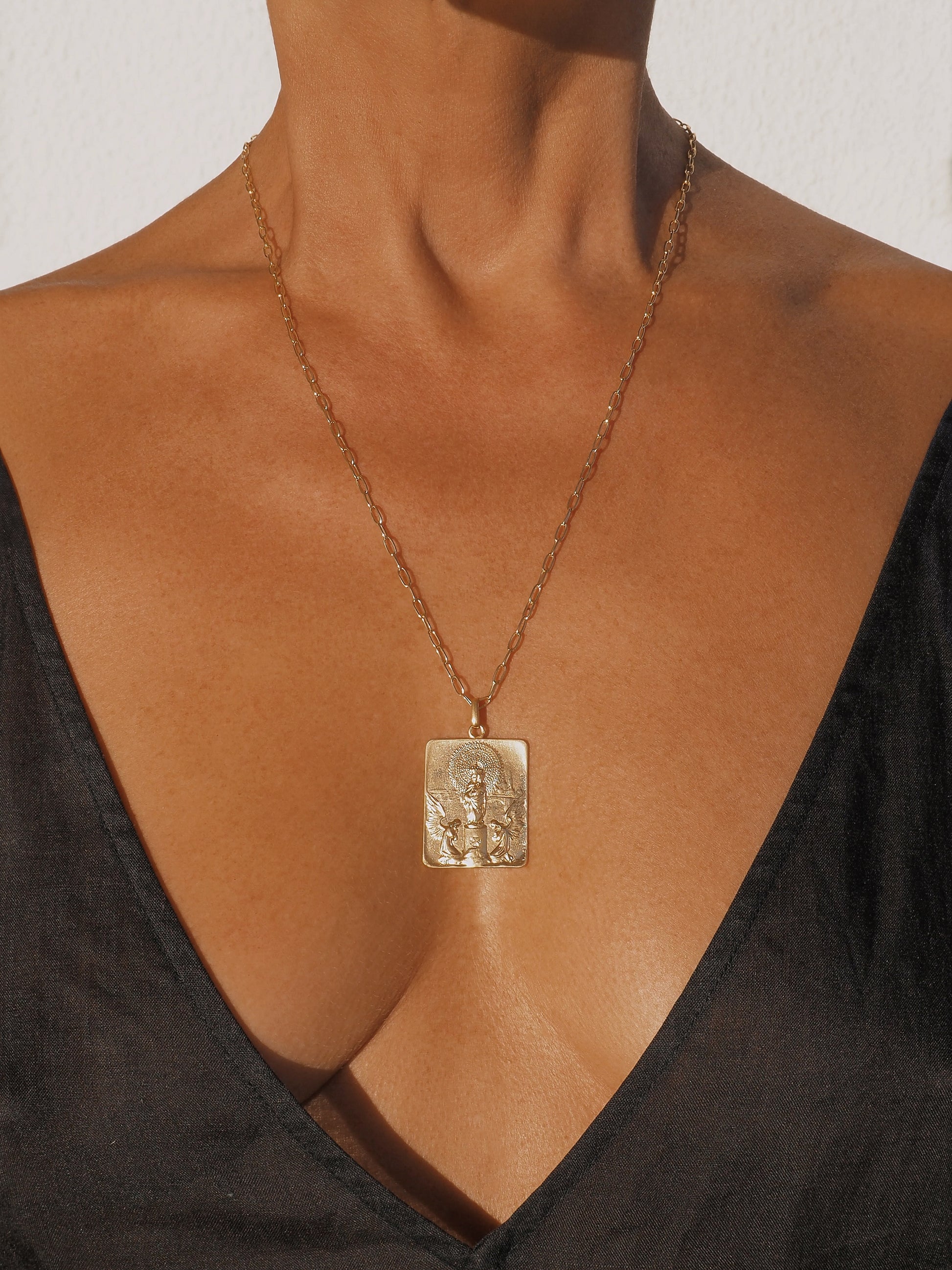 Our Lady of Pilar Vintage Necklace by Pola Jewellery — one-of-a-kind gold-plated antique pendant with angels, handcrafted in sterling silver. Gender neutral.