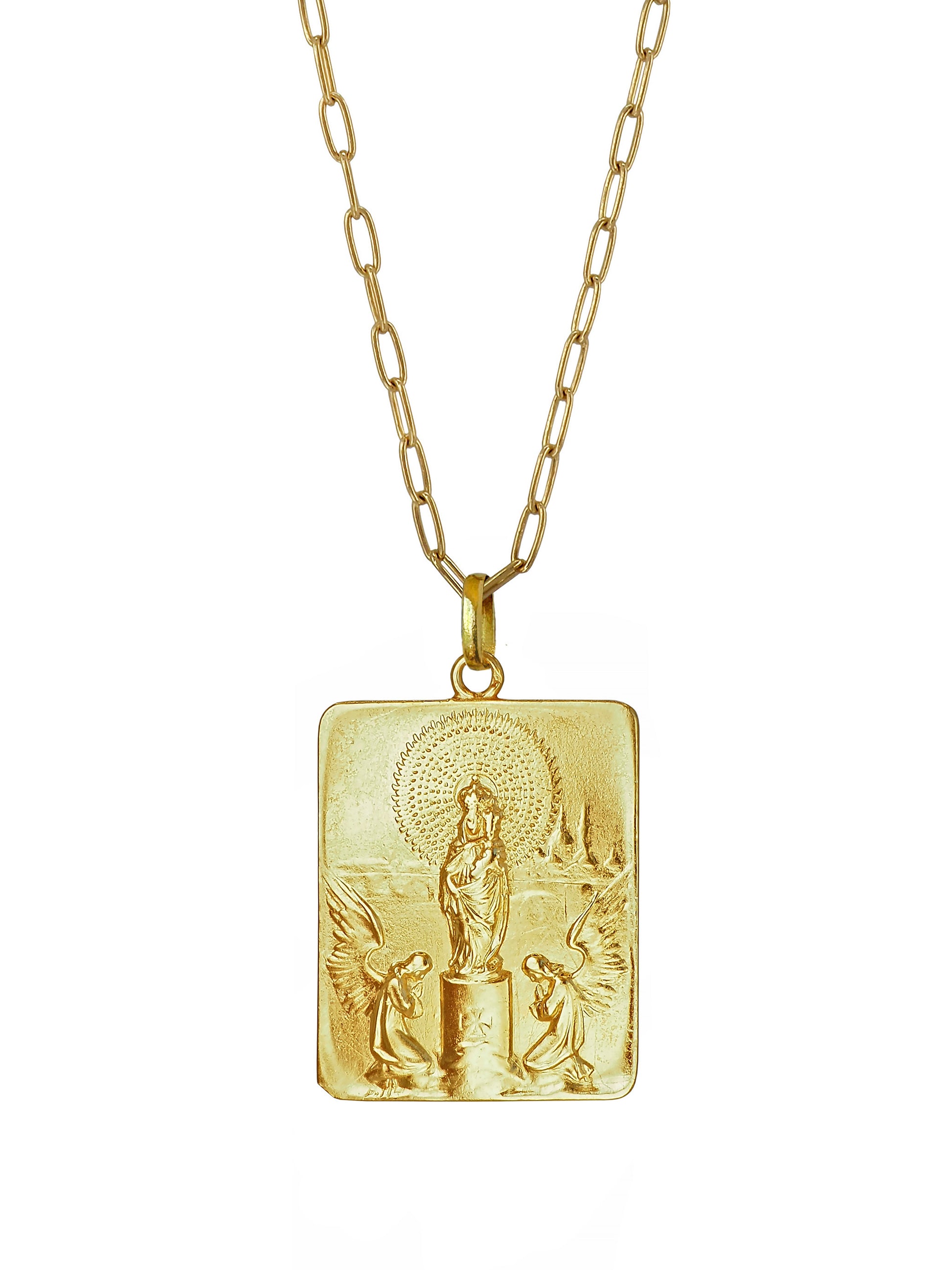Our Lady of Pilar Vintage Necklace by Pola Jewellery — one-of-a-kind gold-plated antique pendant with angels, handcrafted in sterling silver.