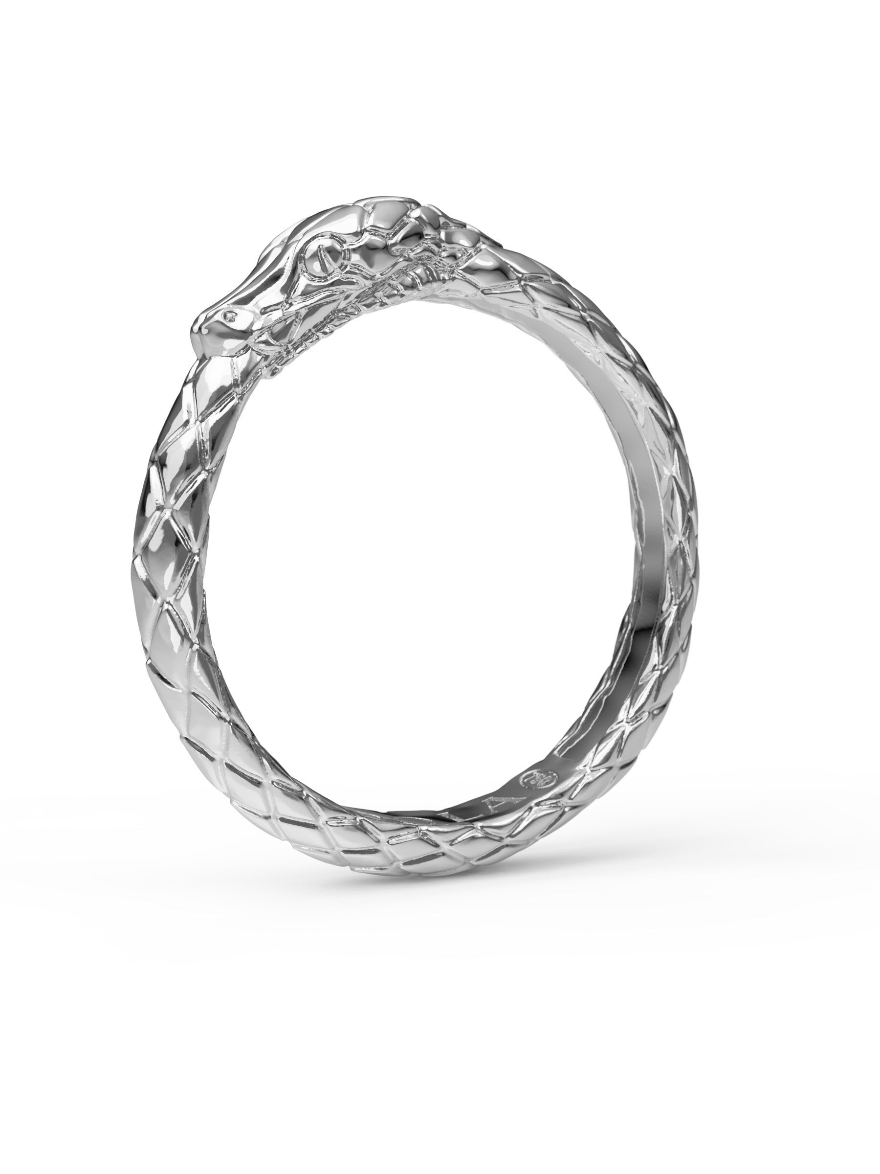Ouroboros Ring in 9k and 18k solid white gold by Pola Jewellery — gender-neutral made to order snake ring, symbol of strength and renewal, handcrafted in Barcelona.