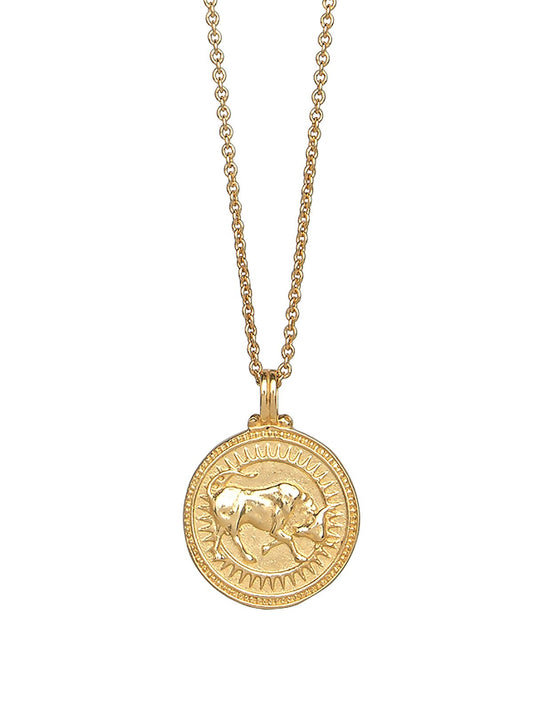 Taurus zodiac necklace by Pola Jewellery – handcrafted in solid 18k gold with Evil Eye detail for protection. Astrology pendant, gender-neutral.