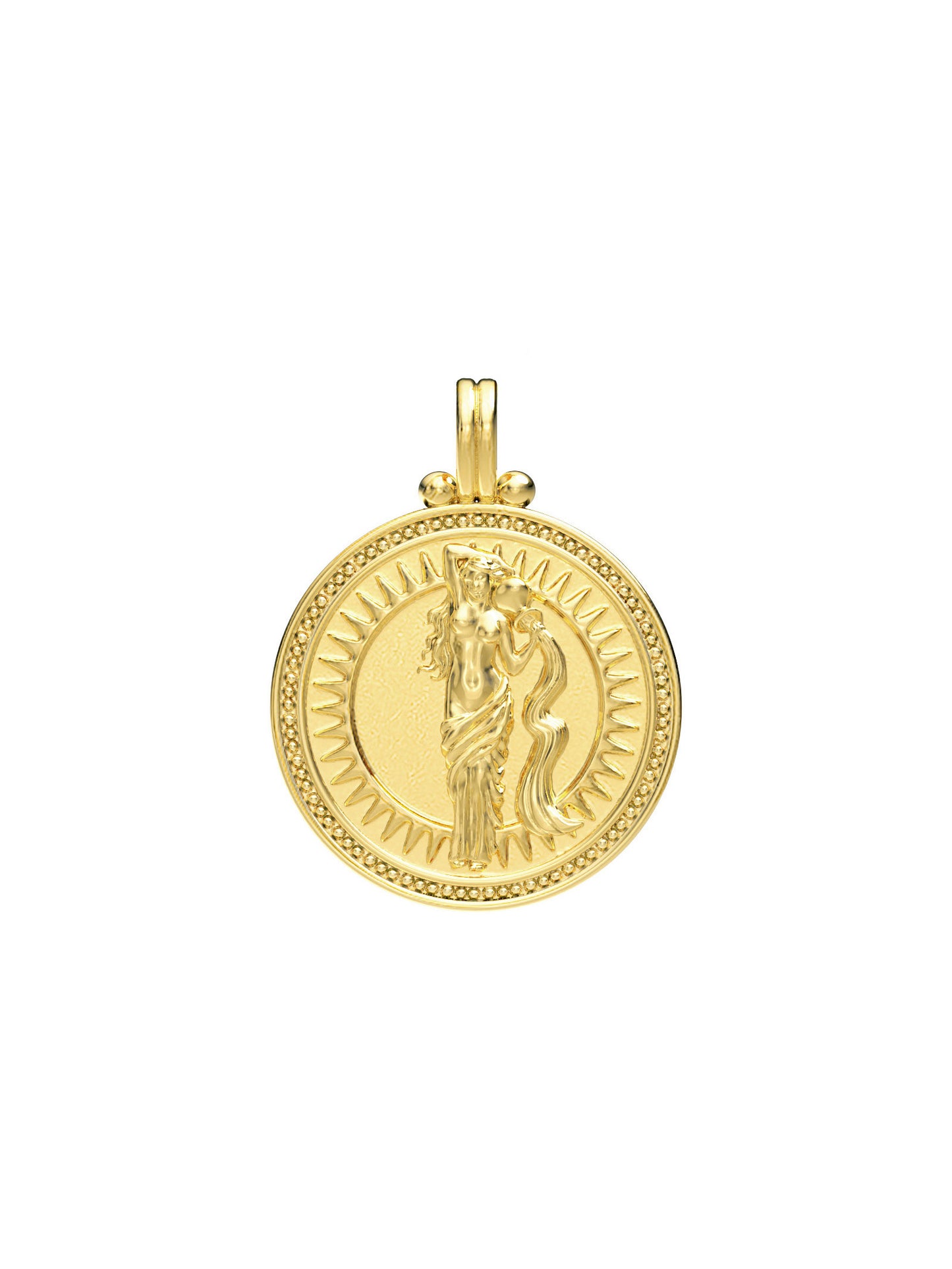 Aquarius zodiac necklace by Pola Jewellery – handcrafted in solid 18k gold with Evil Eye detail for protection. Astrology pendant, gender-neutral.