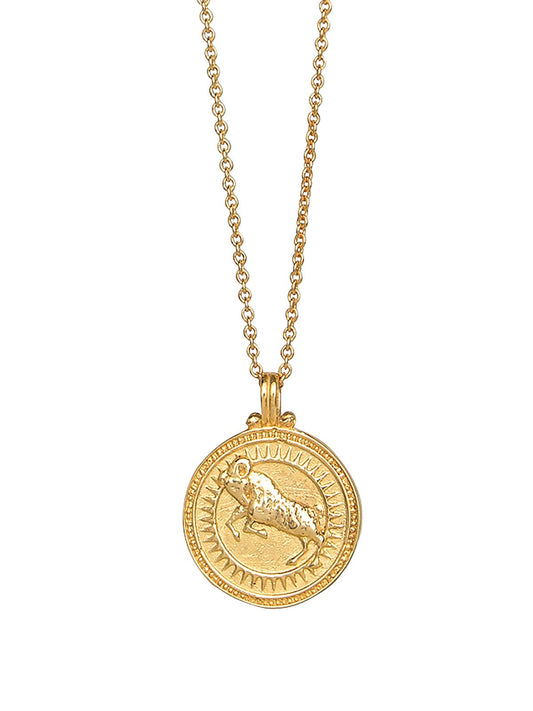 Aries zodiac necklace by Pola Jewellery – handcrafted in solid 18k gold with Evil Eye detail for protection. Astrology pendant, gender-neutral.