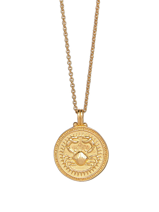 Cancer zodiac necklace by Pola Jewellery – handcrafted in solid 18k gold with Evil Eye detail for protection. Astrology pendant, gender-neutral.