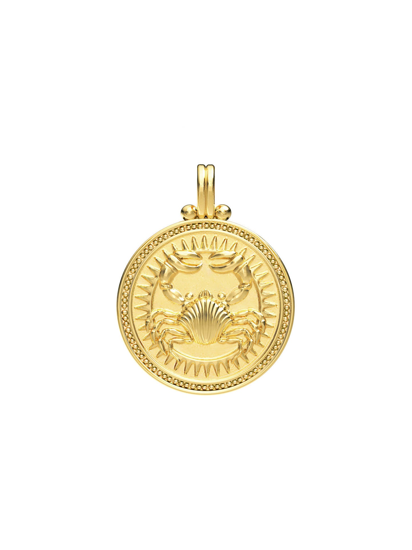 Cancer zodiac necklace by Pola Jewellery – handcrafted in solid 18k gold with Evil Eye detail for protection. Astrology pendant, gender-neutral.