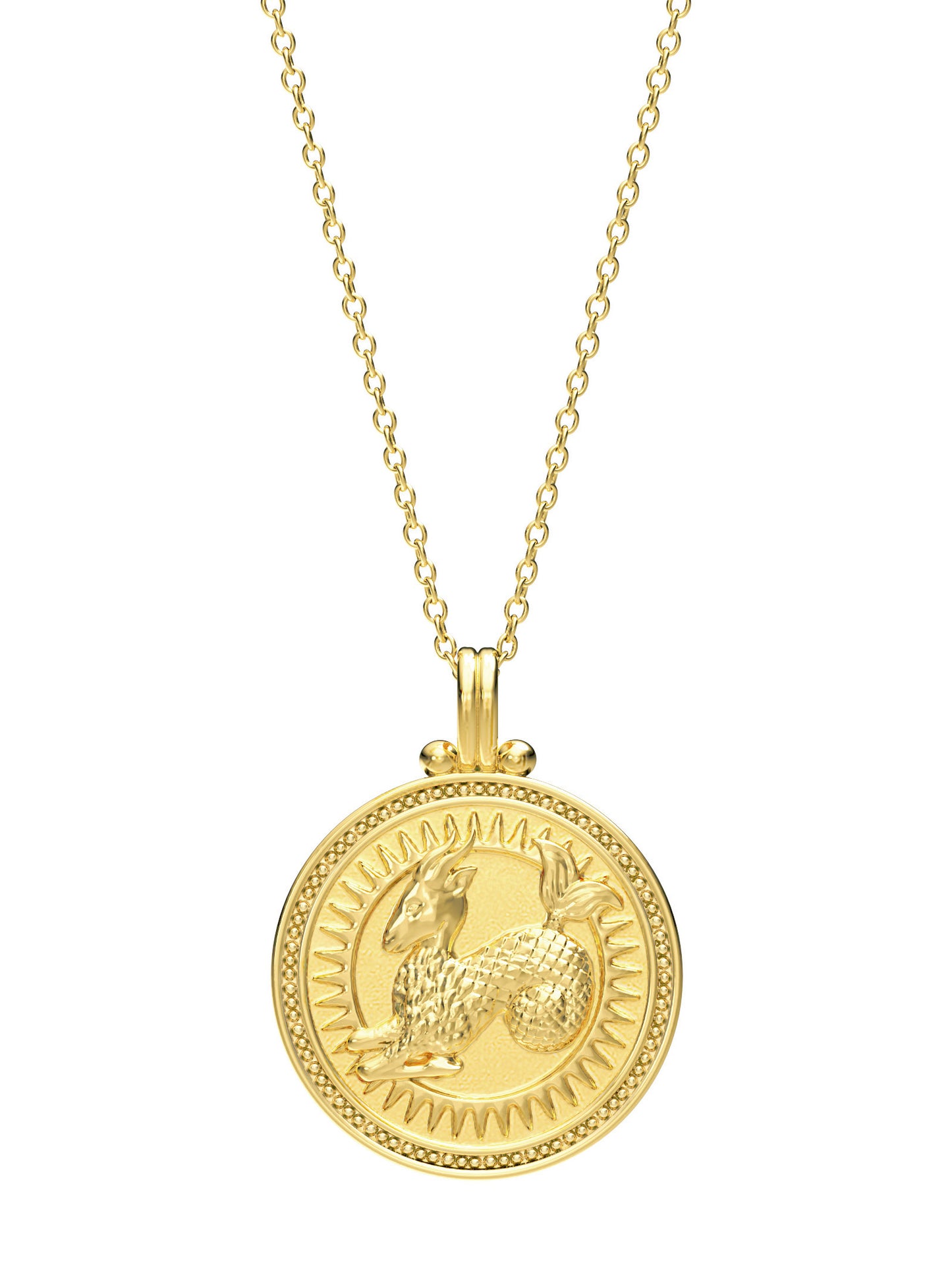 Capricorn zodiac necklace by Pola Jewellery – handcrafted in solid gold with Evil Eye detail for protection. Astrology pendant, gender-neutral.