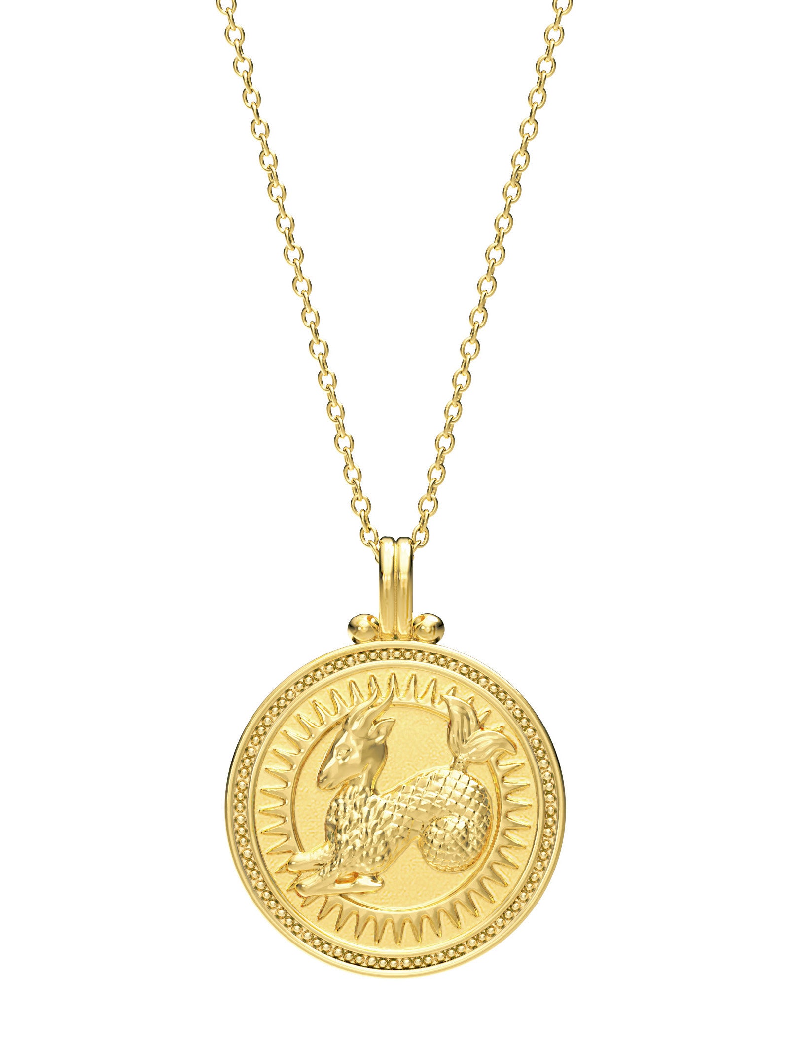 Capricorn zodiac necklace by Pola Jewellery – handcrafted in solid gold with Evil Eye detail for protection. Astrology pendant, gender-neutral.
