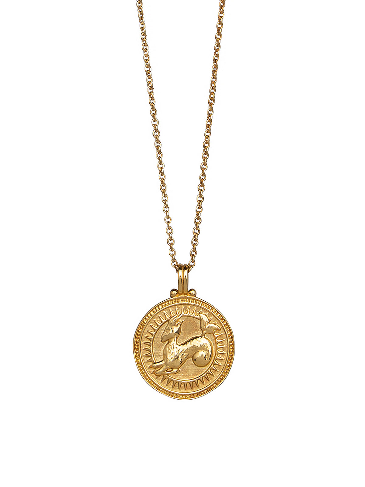 Close-up of Pola Jewellery’s Capricorn Zodiac Sign Necklace in gold vermeil, engraved with the mountain goat — symbol of ambition, endurance, and wisdom.