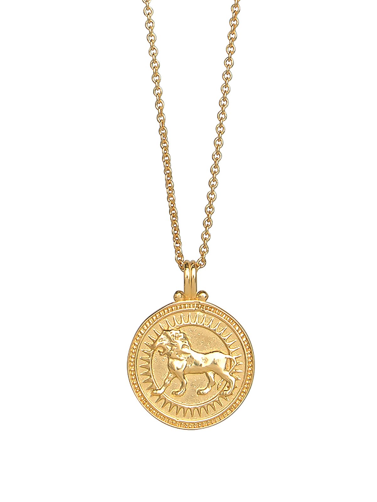 Leo zodiac necklace by Pola Jewellery – handcrafted in solid 18k gold with Evil Eye detail for protection. Astrology pendant, gender-neutral.