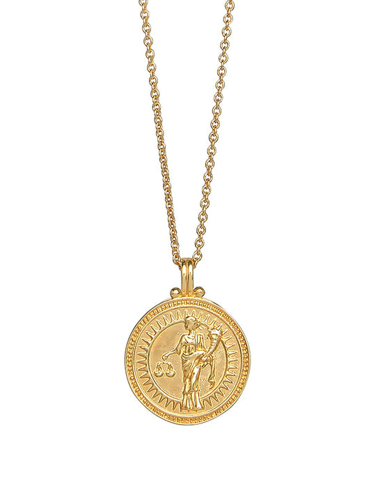 Libra zodiac necklace by Pola Jewellery – handcrafted in solid 18k gold with Evil Eye detail for protection. Astrology pendant, gender-neutral.