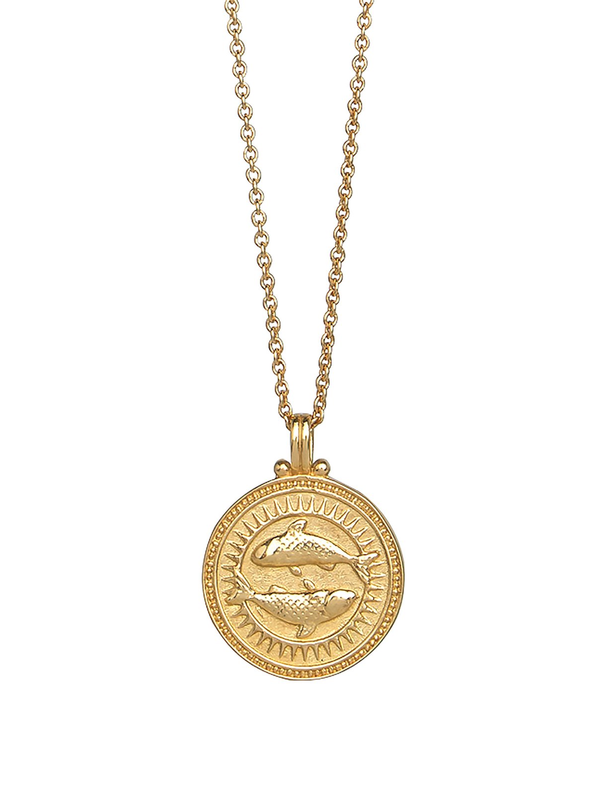 Pisces zodiac necklace by Pola Jewellery – handcrafted in solid 18k gold with Evil Eye detail for protection. Astrology pendant, gender-neutral.