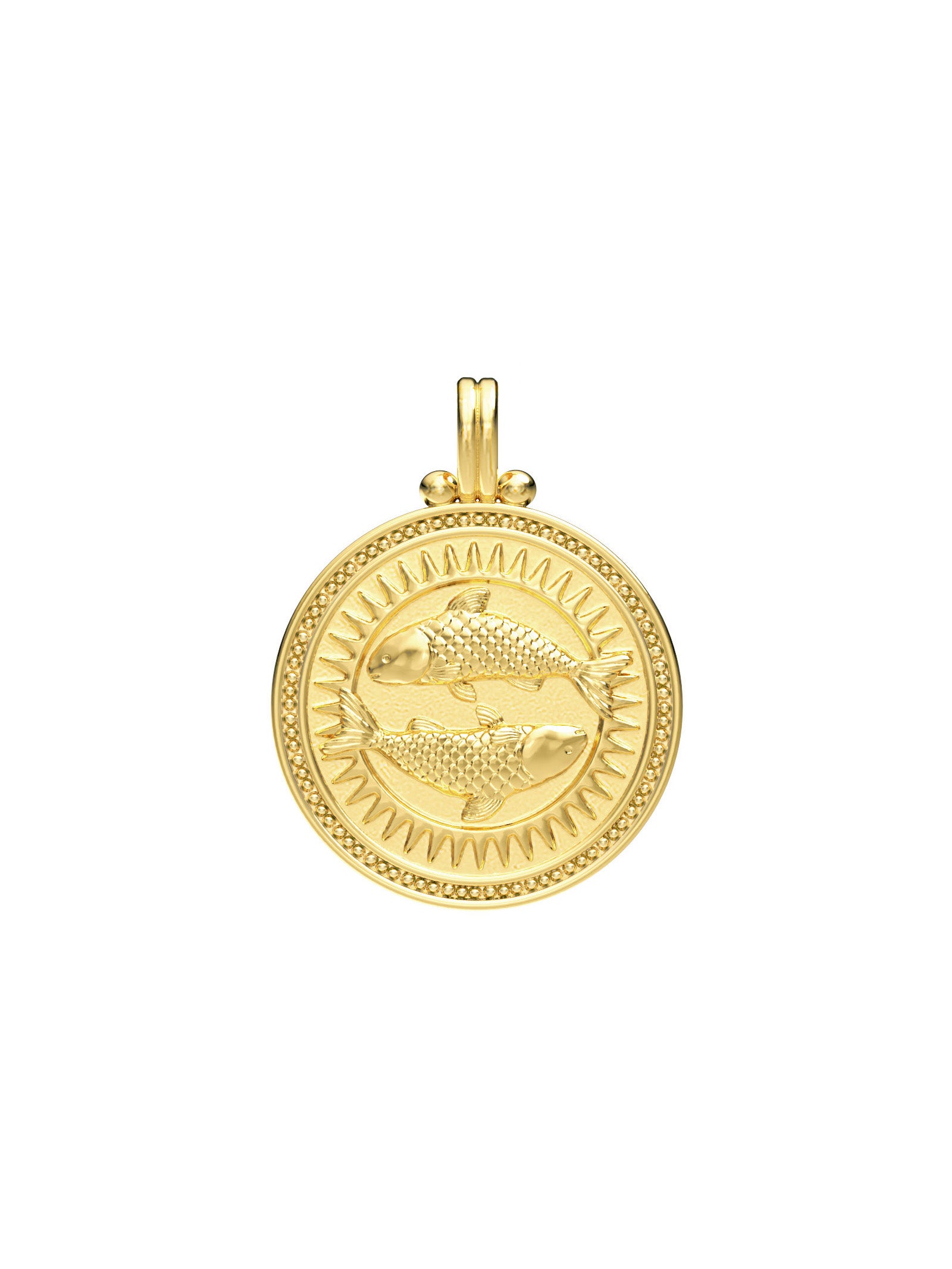 Pisces zodiac necklace by Pola Jewellery – handcrafted in solid 9k, 14k, 18k gold with Evil Eye detail for protection. Astrology pendant, gender-neutral.