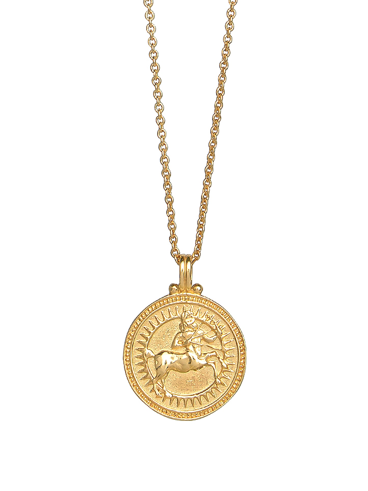 Sagittarius zodiac necklace by Pola Jewellery – handcrafted in solid 18k gold with Evil Eye detail for protection. Astrology pendant, gender-neutral.
