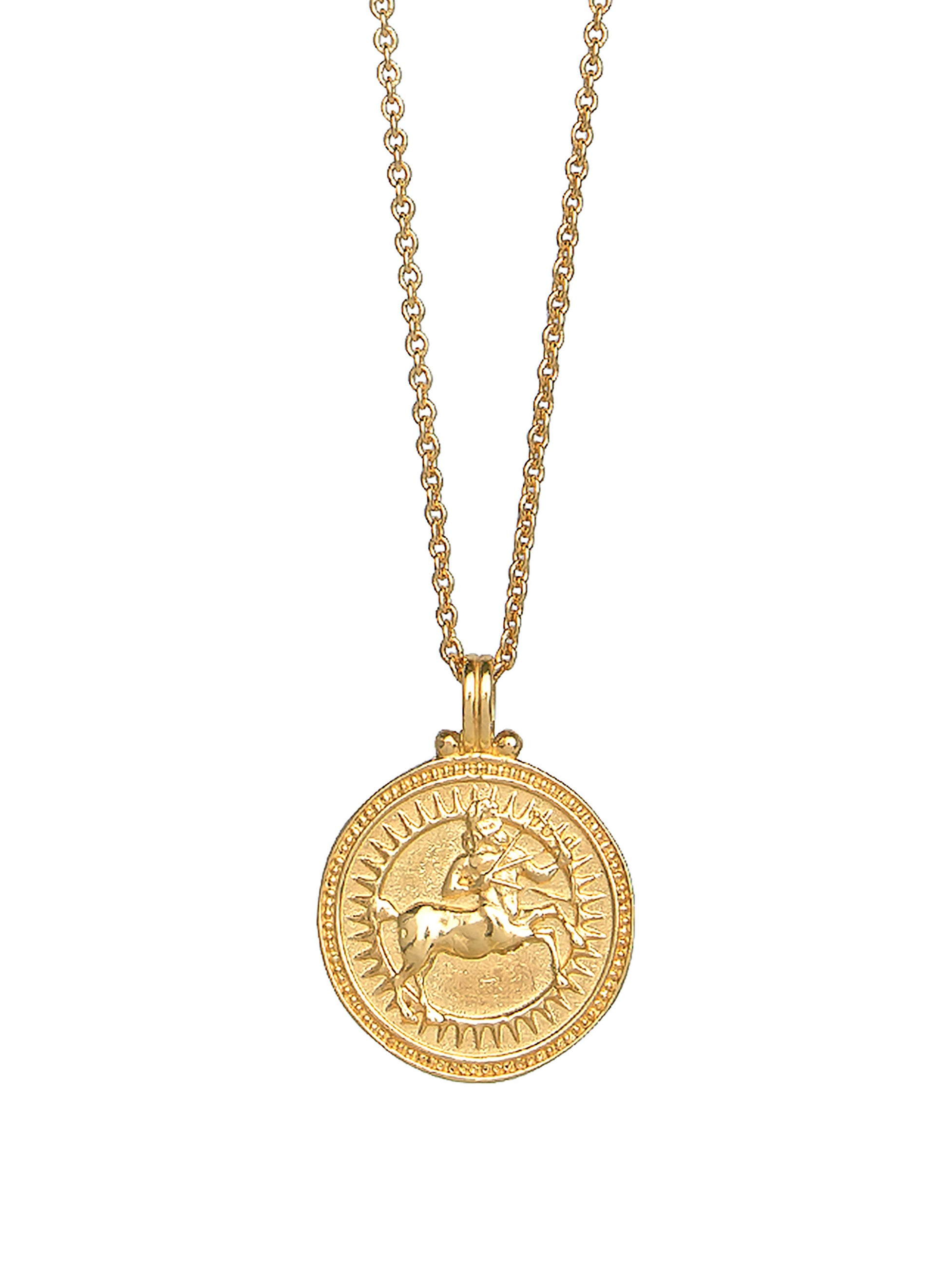 Sagittarius zodiac necklace by Pola Jewellery – handcrafted in solid 18k gold with Evil Eye detail for protection. Astrology pendant, gender-neutral.