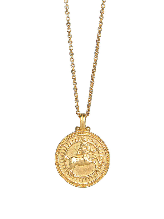 Sagittarius zodiac necklace by Pola Jewellery – handcrafted in solid 18k gold with Evil Eye detail for protection. Astrology pendant, gender-neutral.