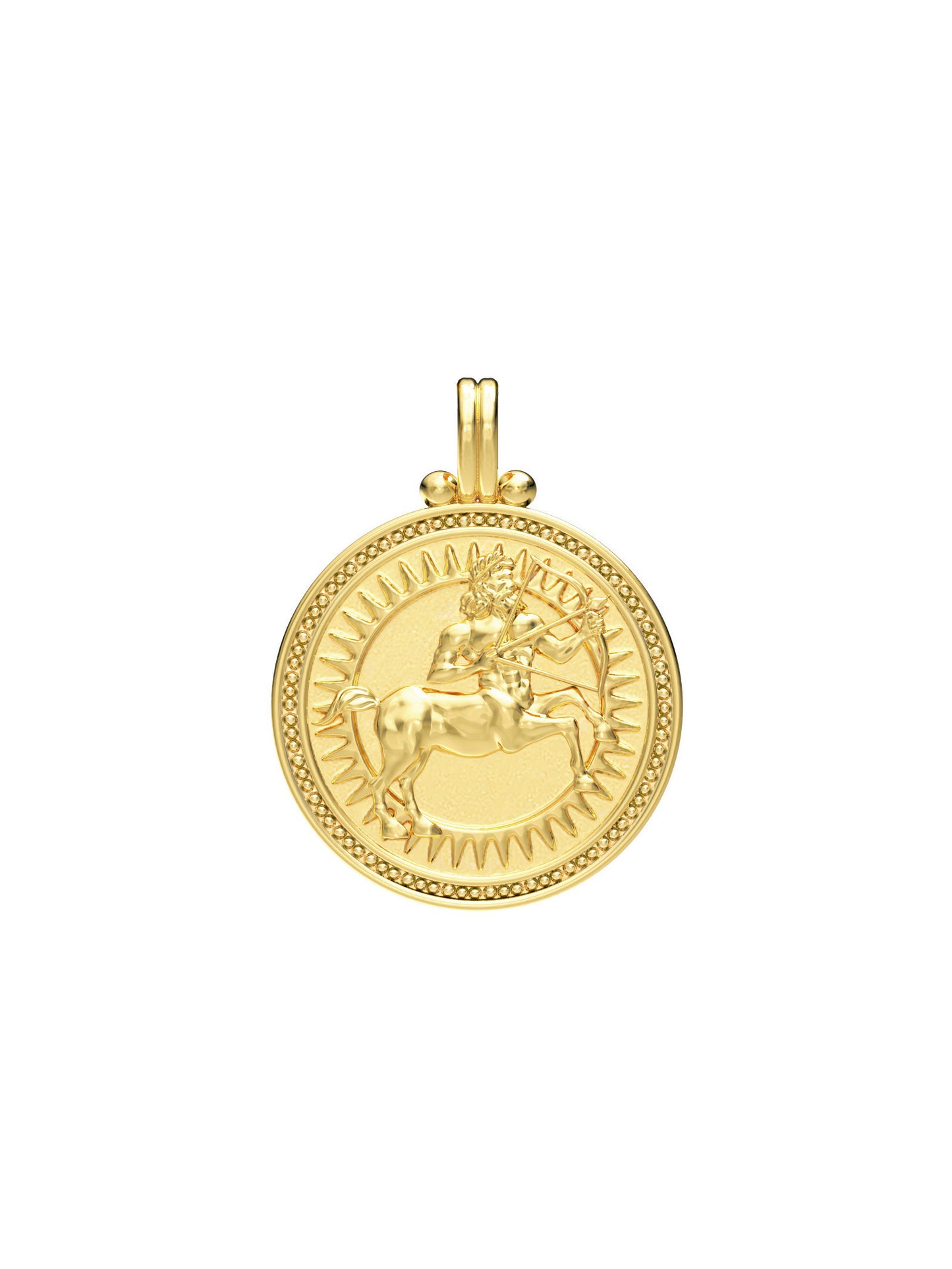 Sagittarius zodiac necklace by Pola Jewellery – handcrafted in solid 18k gold with Evil Eye detail for protection. Astrology pendant, gender-neutral.