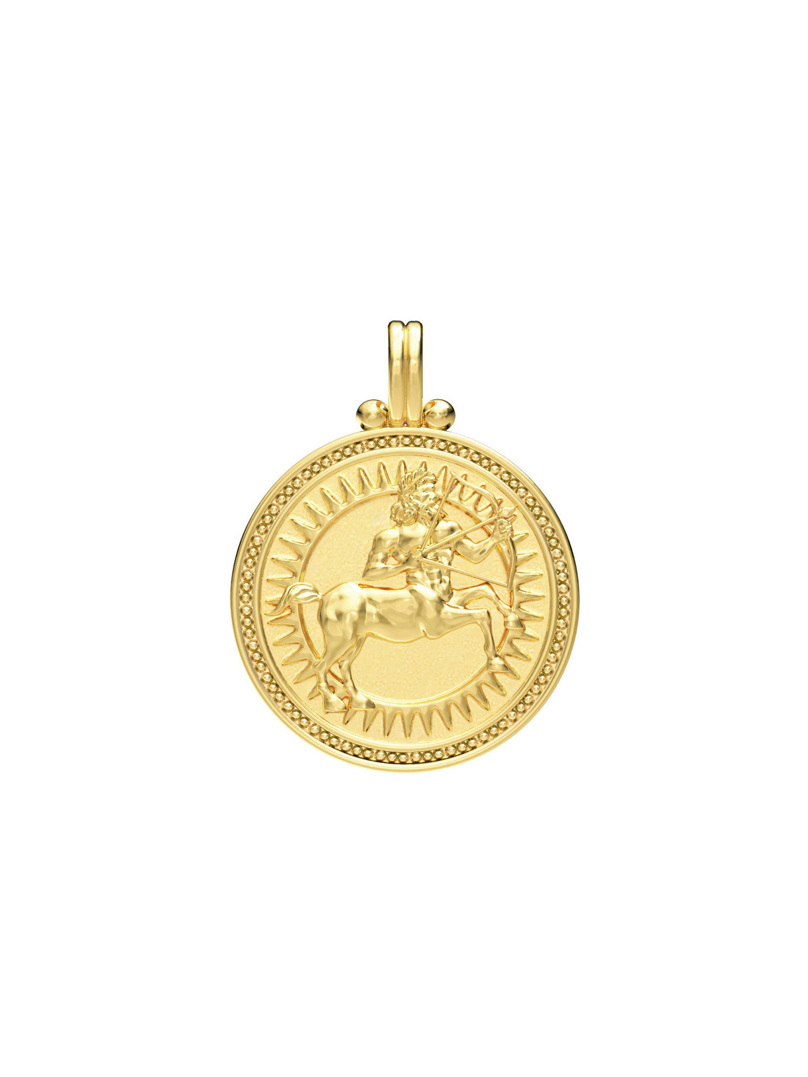 Sagittarius zodiac necklace by Pola Jewellery – handcrafted in solid 18k gold with Evil Eye detail for protection. Astrology pendant, gender-neutral.