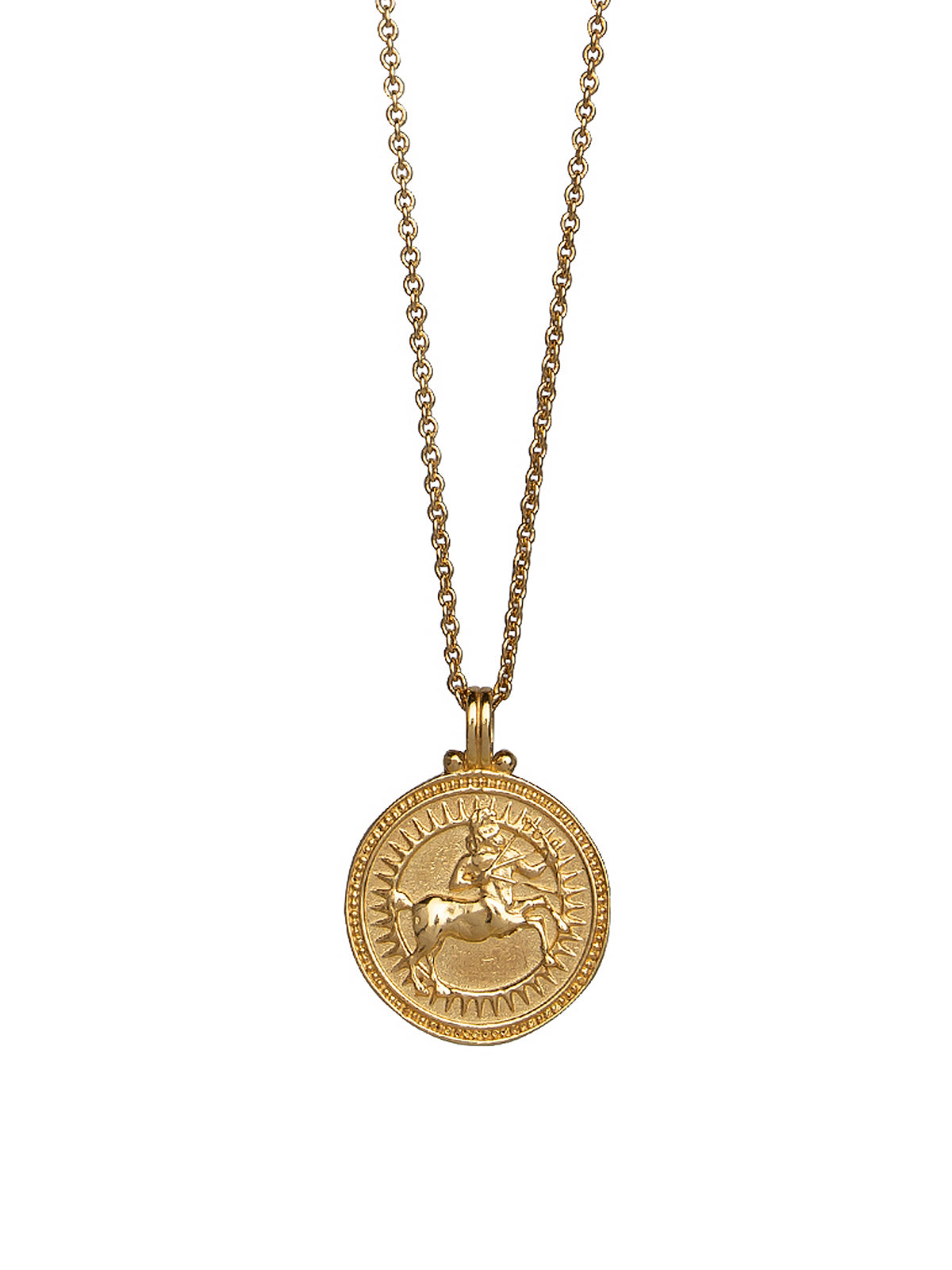 Close-up of Pola Jewellery’s Sagittarius Zodiac Sign Necklace in gold vermeil, engraved with the archer — symbol of adventure, wisdom, and expansion.