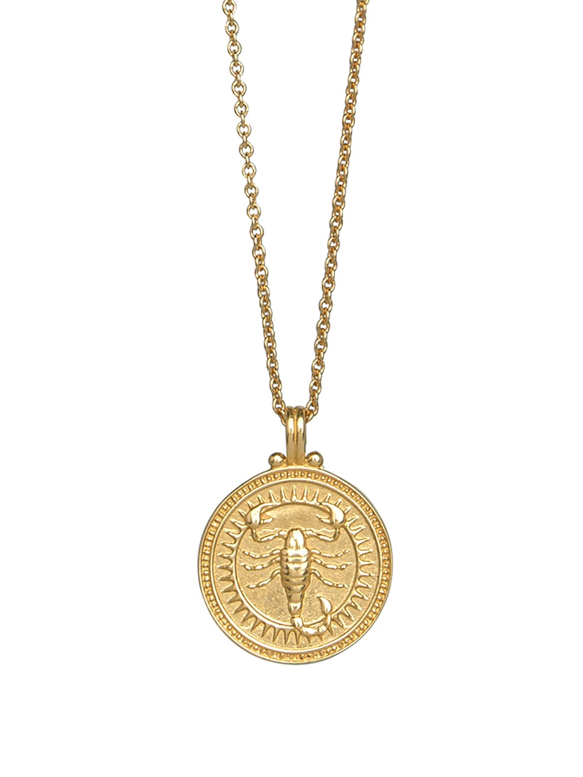 Scorpio zodiac necklace by Pola Jewellery – handcrafted in solid 18k gold with Evil Eye detail for protection. Astrology pendant, gender-neutral.