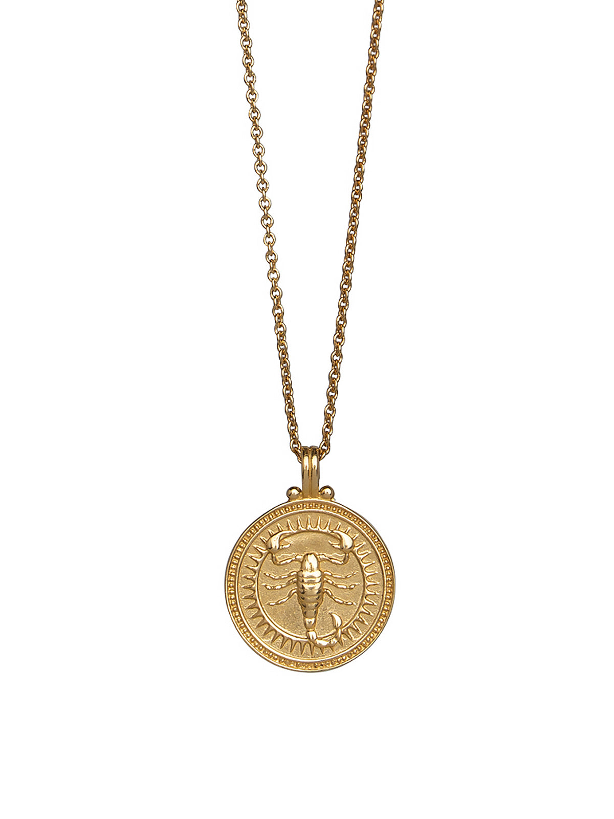 Close-up of Pola Jewellery’s Scorpio Zodiac Sign Necklace in gold vermeil, engraved with the scorpion — symbol of transformation, depth, and desire.