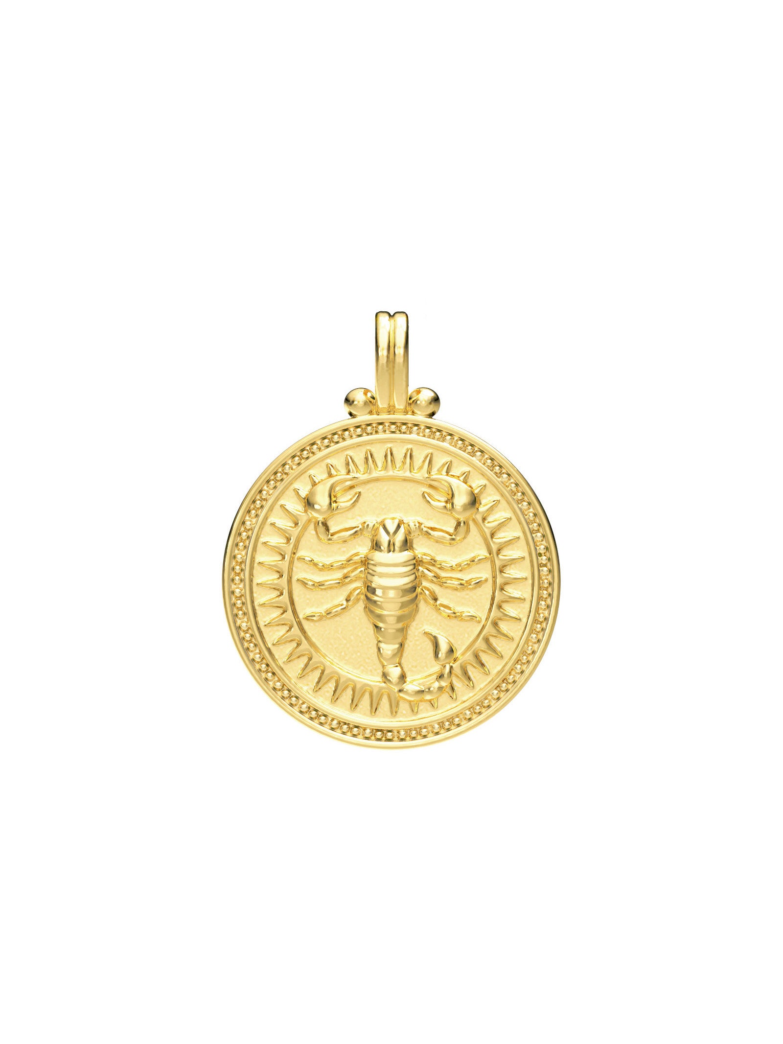 Scorpio zodiac necklace by Pola Jewellery – handcrafted in solid 18k gold with Evil Eye detail for protection. Astrology pendant, gender-neutral.