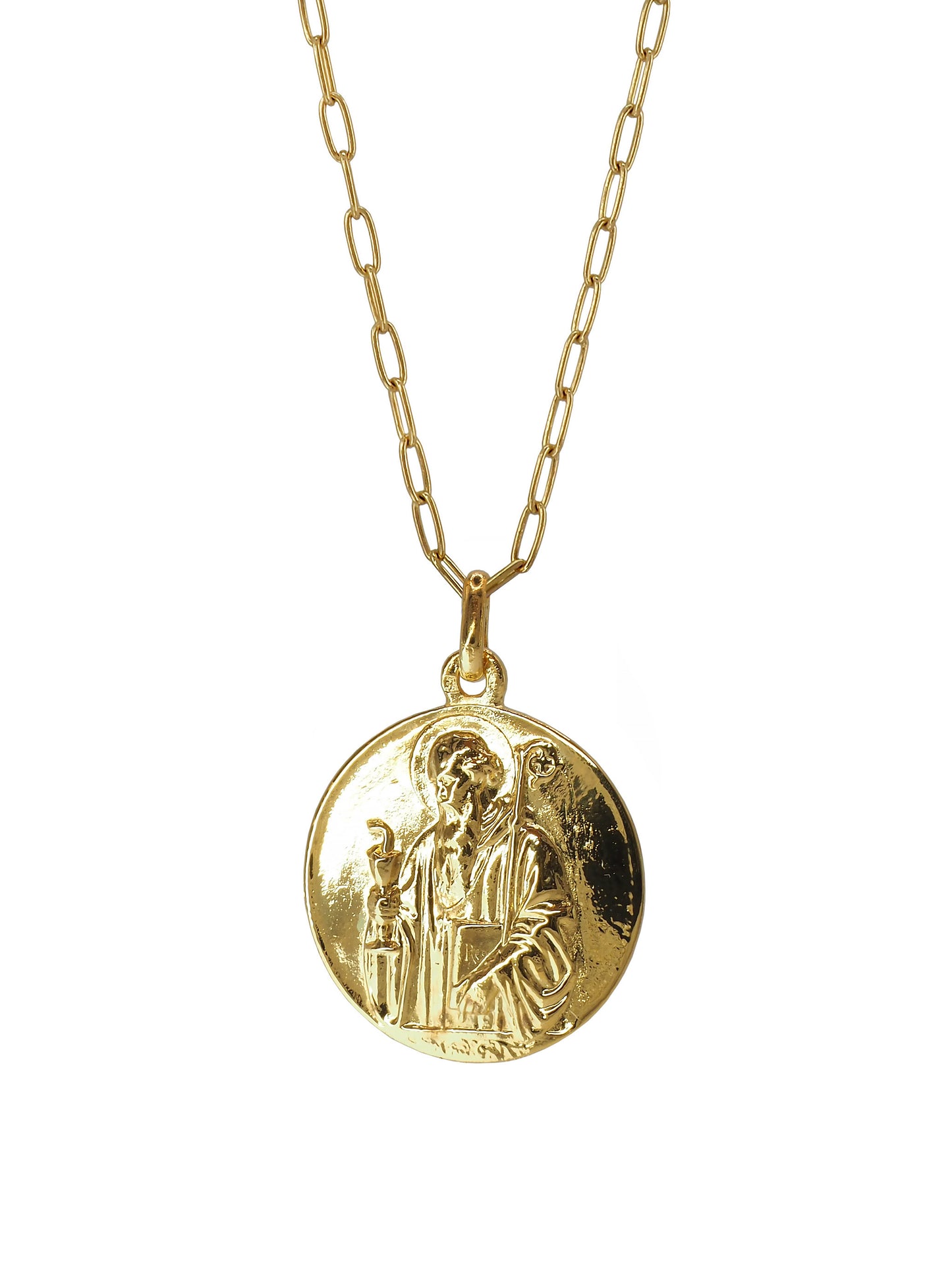 Close-up of Pola Jewellery’s Vintage St. Benedict Necklace in gold-plated sterling silver, showing Saint Benedict engraving — a symbol of protection and strength.