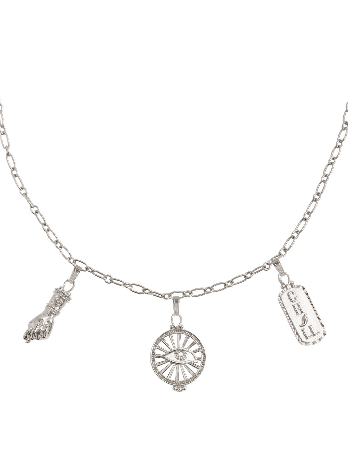 Sterling silver Talisman Necklace by Pola Jewellery with Mano Figa, Evil Eye & Chill—gender-neutral symbols of power & protection.