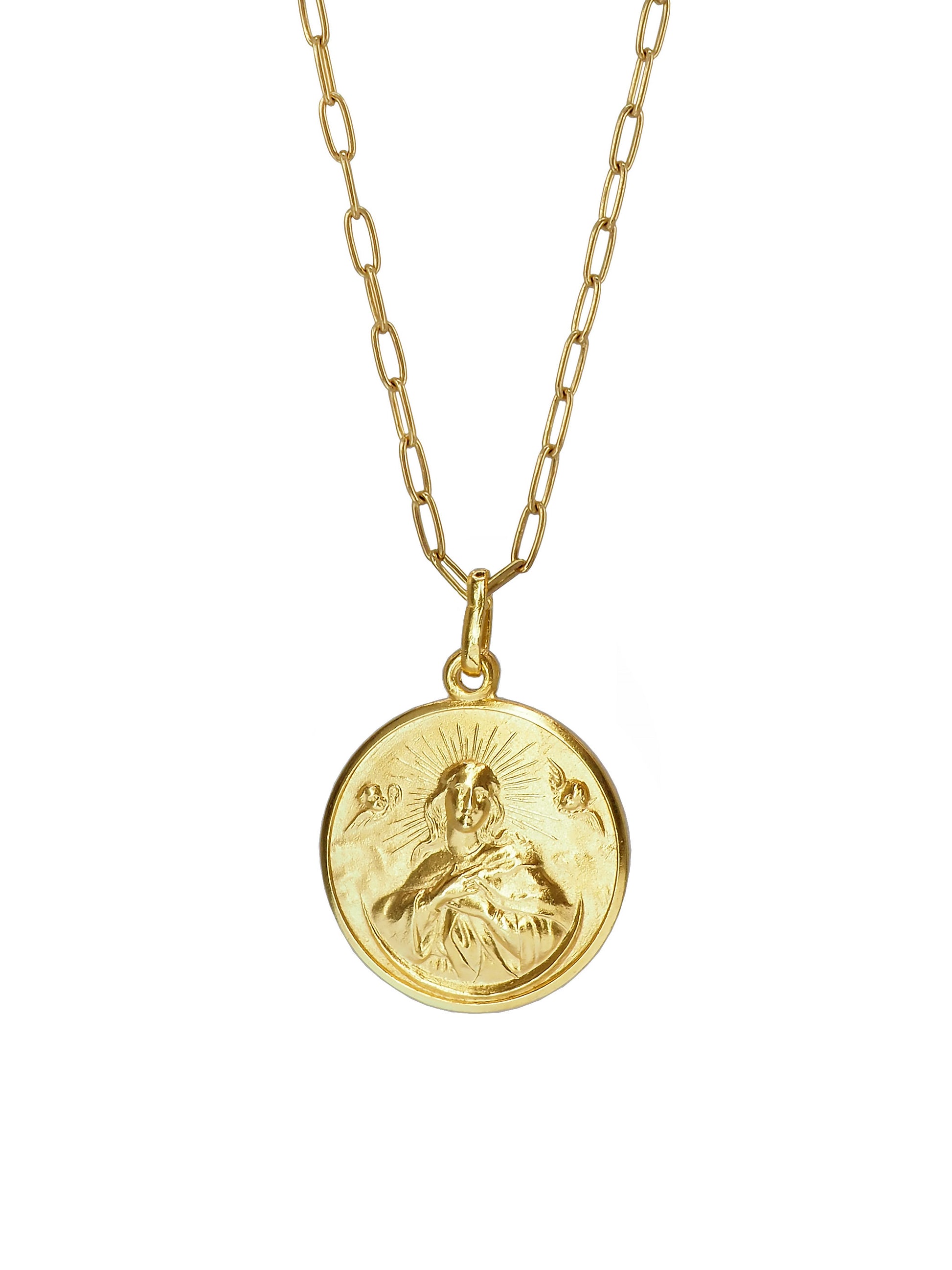 Close-up of Pola Jewellery’s Vintage Immaculate Conception Necklace in gold-plated sterling silver, showing the Virgin standing on a crescent moon surrounded by angels — a symbol of grace, purity, and protection.