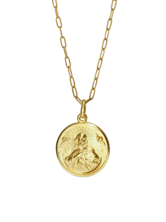 Close-up of Pola Jewellery’s Vintage Immaculate Conception Necklace in gold-plated sterling silver, showing the Virgin standing on a crescent moon surrounded by angels — a symbol of grace, purity, and protection.