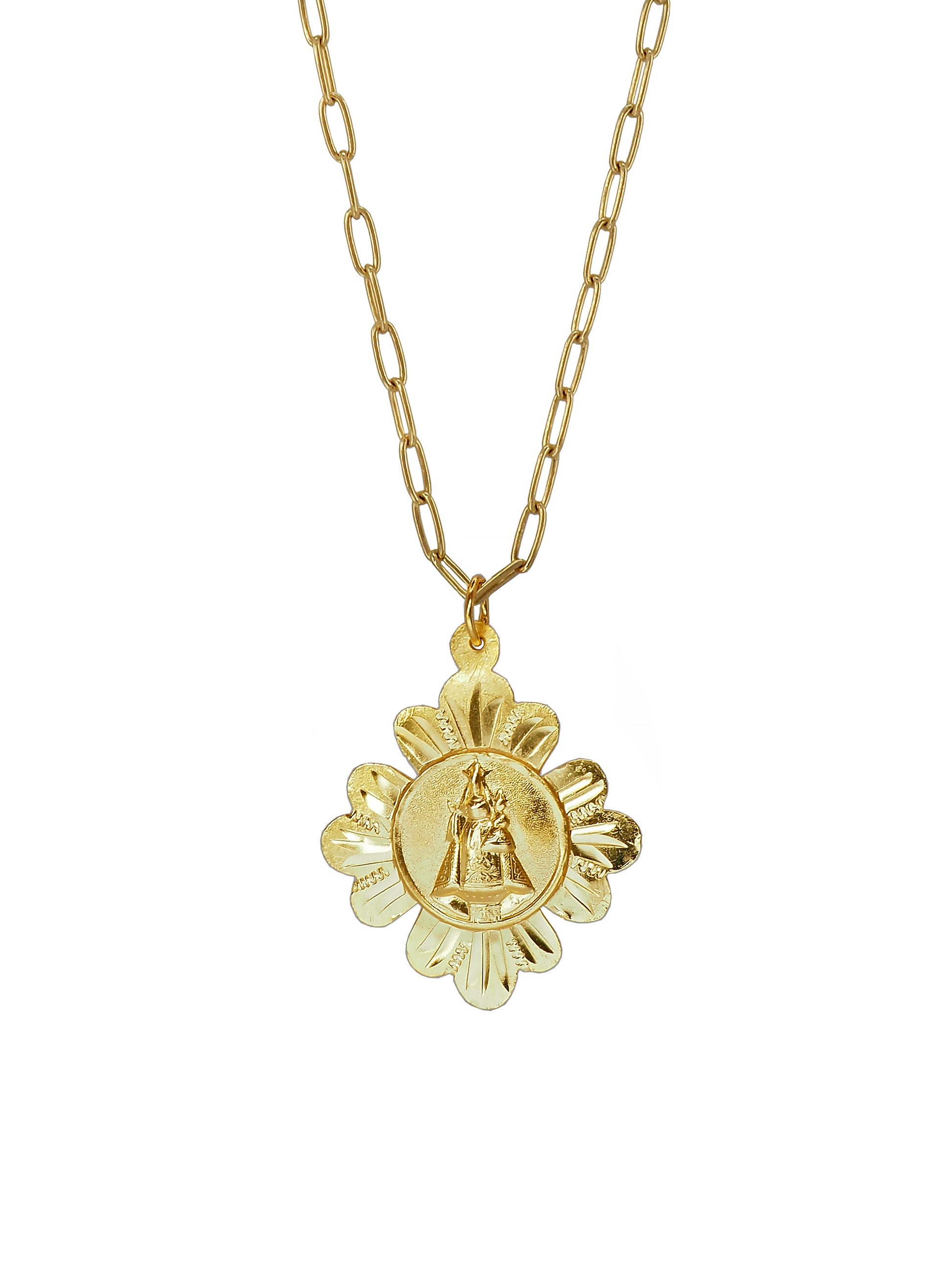 Close-up of Pola Jewellery’s Vintage Madonna of Fontsanta Necklace in gold-plated sterling silver, depicting the Holy Water Madonna — a symbol of healing, protection, and renewal.