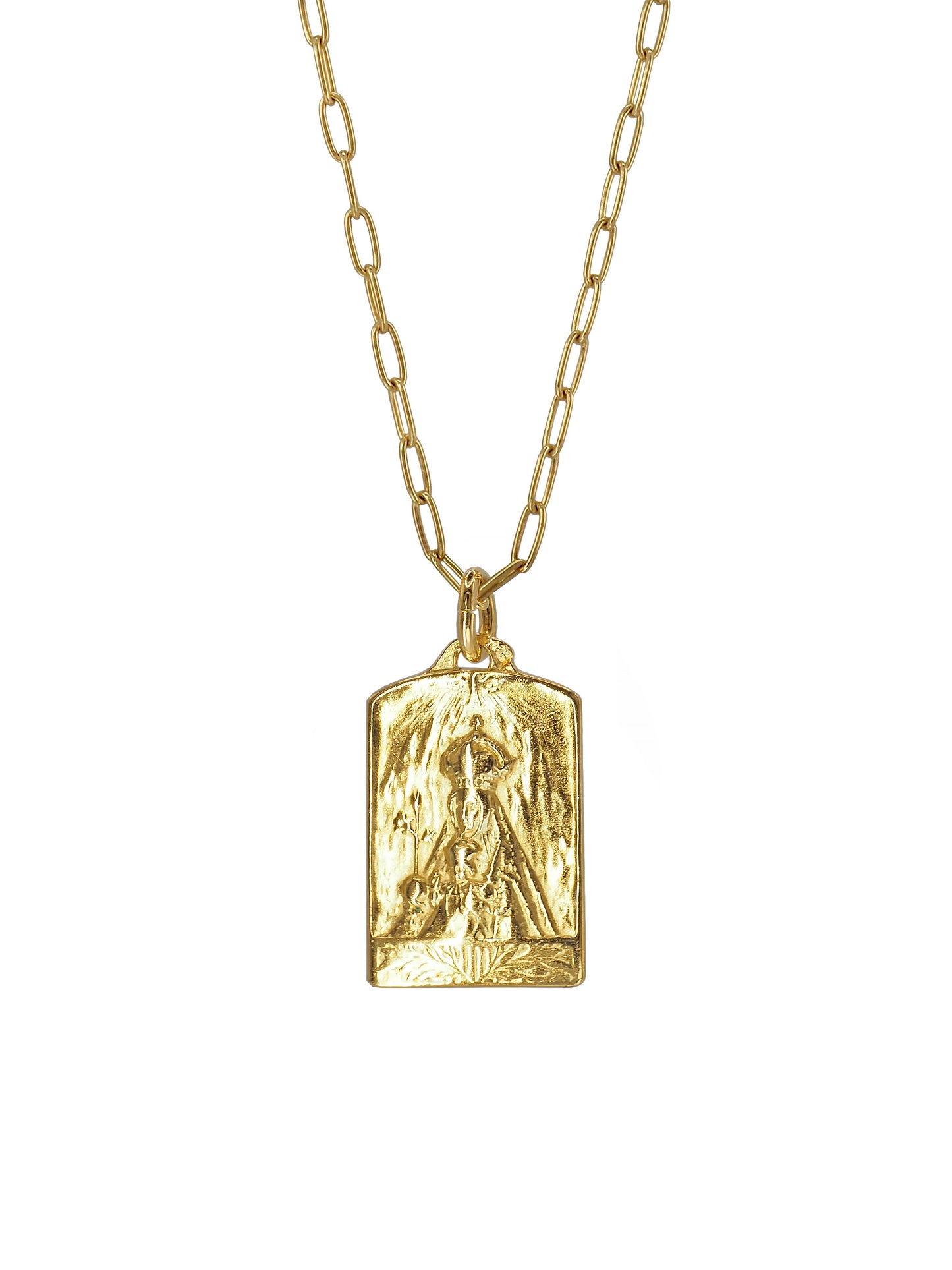 Reverse of the Vintage Our Lady of Montserrat gold-plated pendant showing the Black Madonna — symbol of divine protection, strength, and guidance.