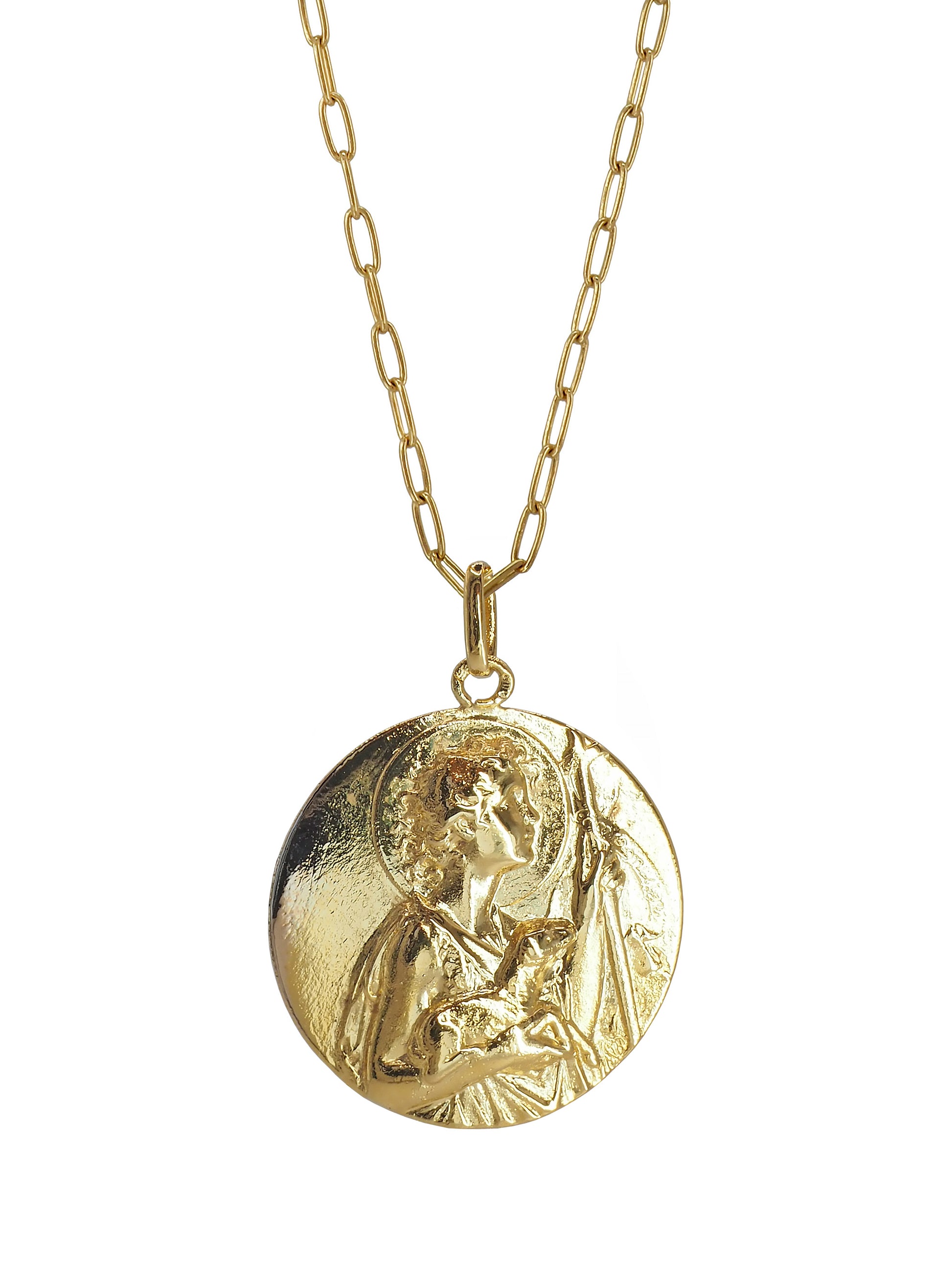 Close-up of Pola Jewellery’s one-of-a-kind Vintage Saint John the Baptist Necklace in gold-plated sterling silver, symbolizing purity, innocence, and craftsmanship.
