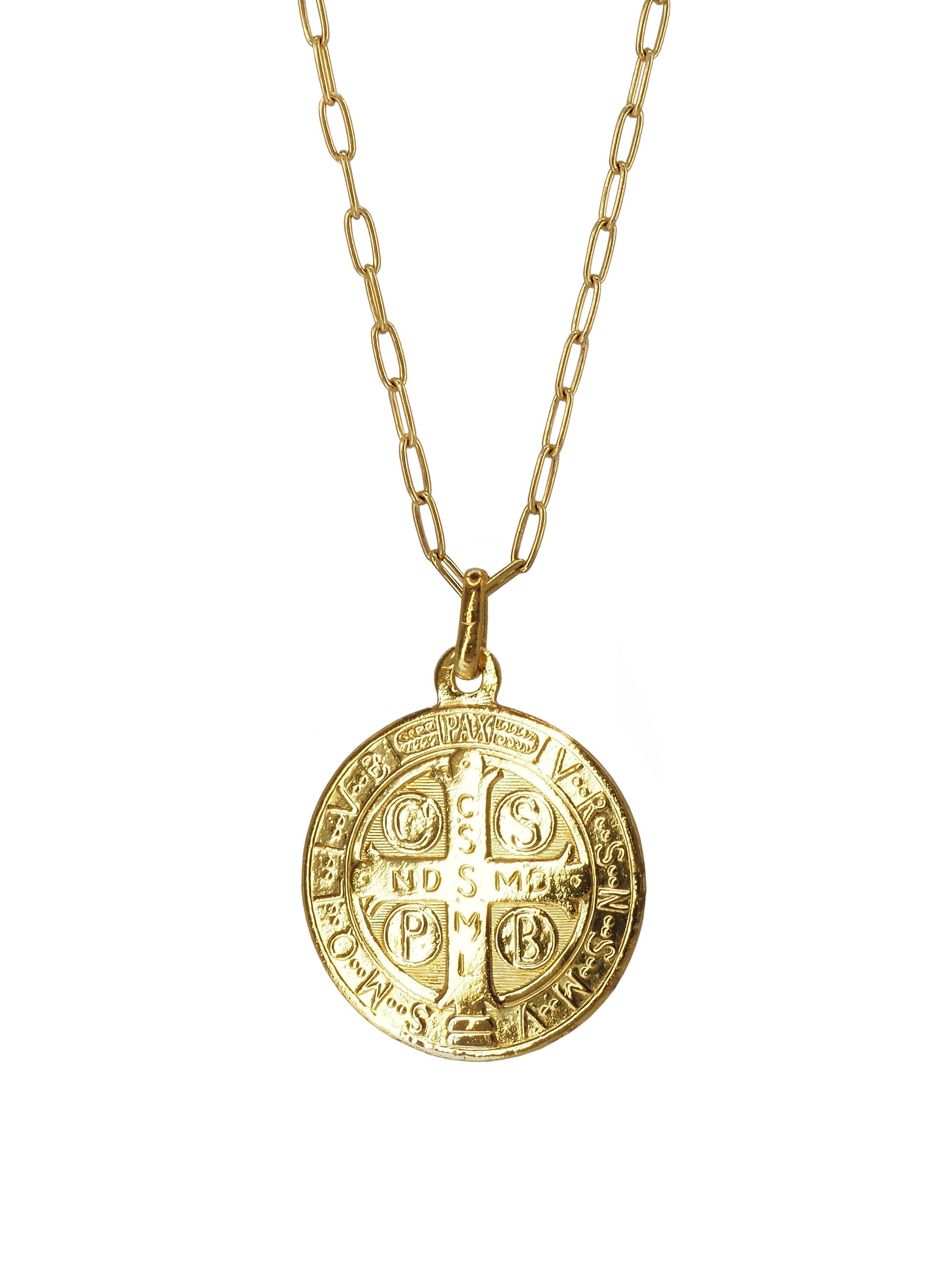 Reverse of the Vintage St. Benedict gold-plated silver pendant featuring a cross and Latin prayer inscription “Vade retro Satana,” symbol of defense against evil.