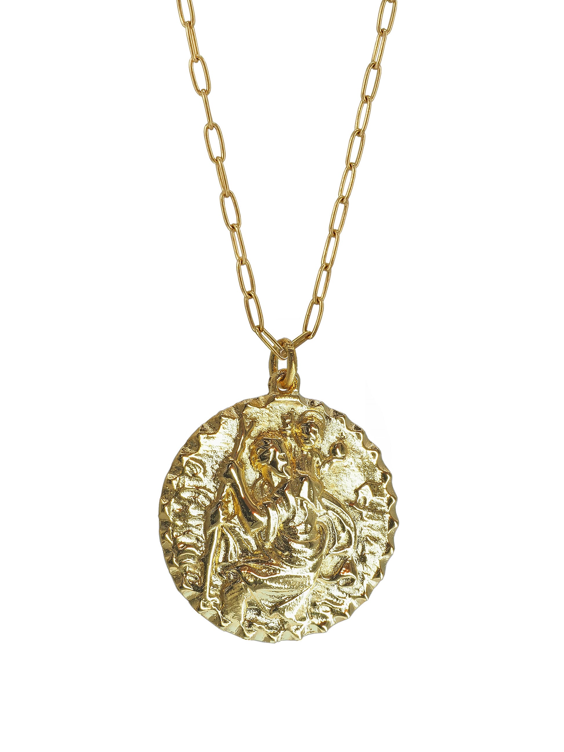Close-up of Pola Jewellery’s Vintage St. Christopher Necklace in gold-plated sterling silver — featuring the engraved protector of travelers, symbol of luck and protection.