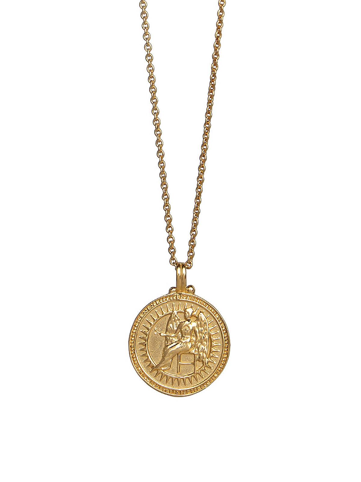 Close-up of Pola Jewellery’s Virgo Zodiac Sign Necklace in gold vermeil, engraved with the maiden — symbol of purity, wisdom, and grounded strength.