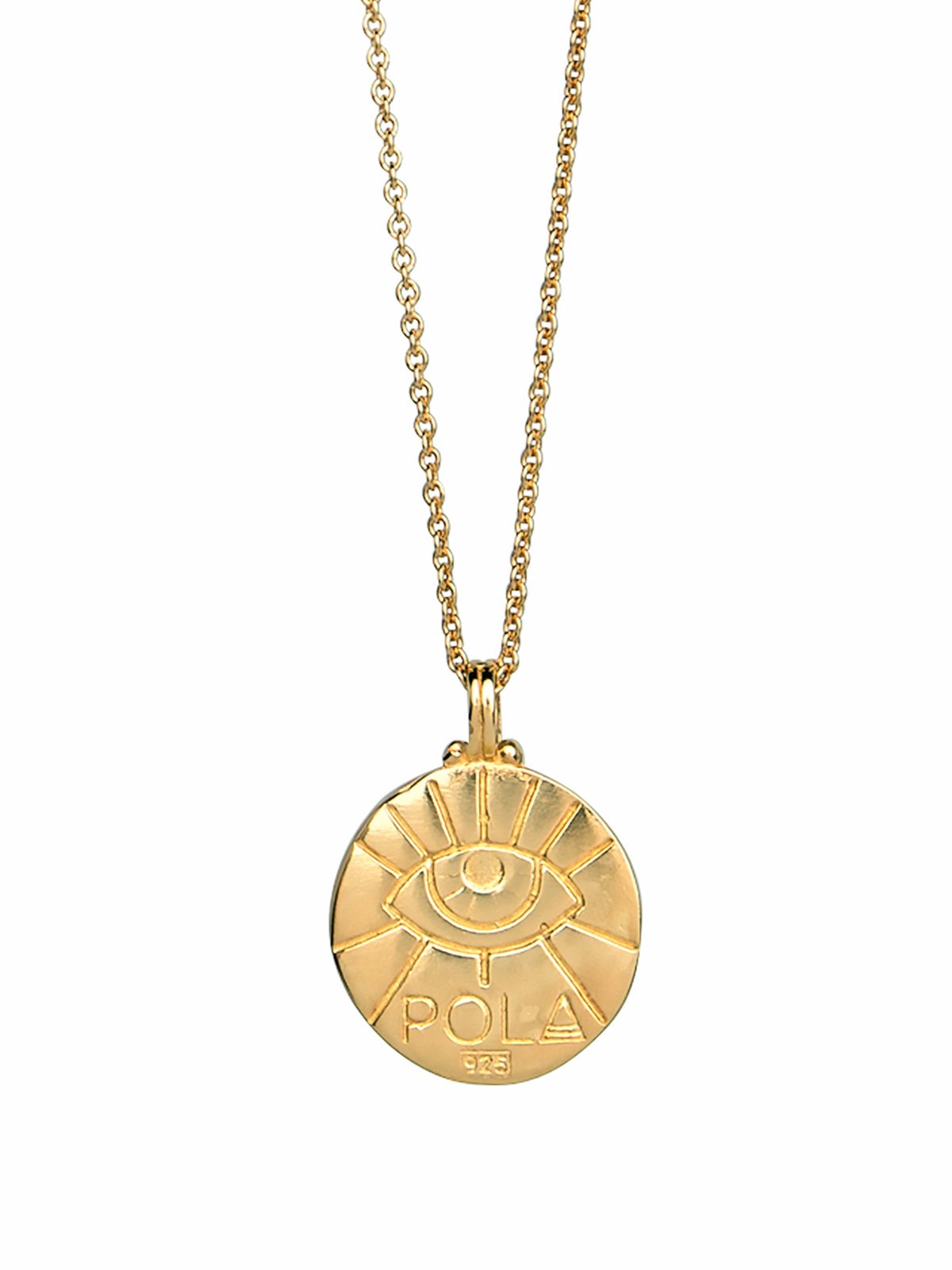 Back of the Zodiac Collection necklaces by Pola Jewellery – featuring an engraved Evil Eye for protection and the 750 hallmark for solid 18k gold authenticity.