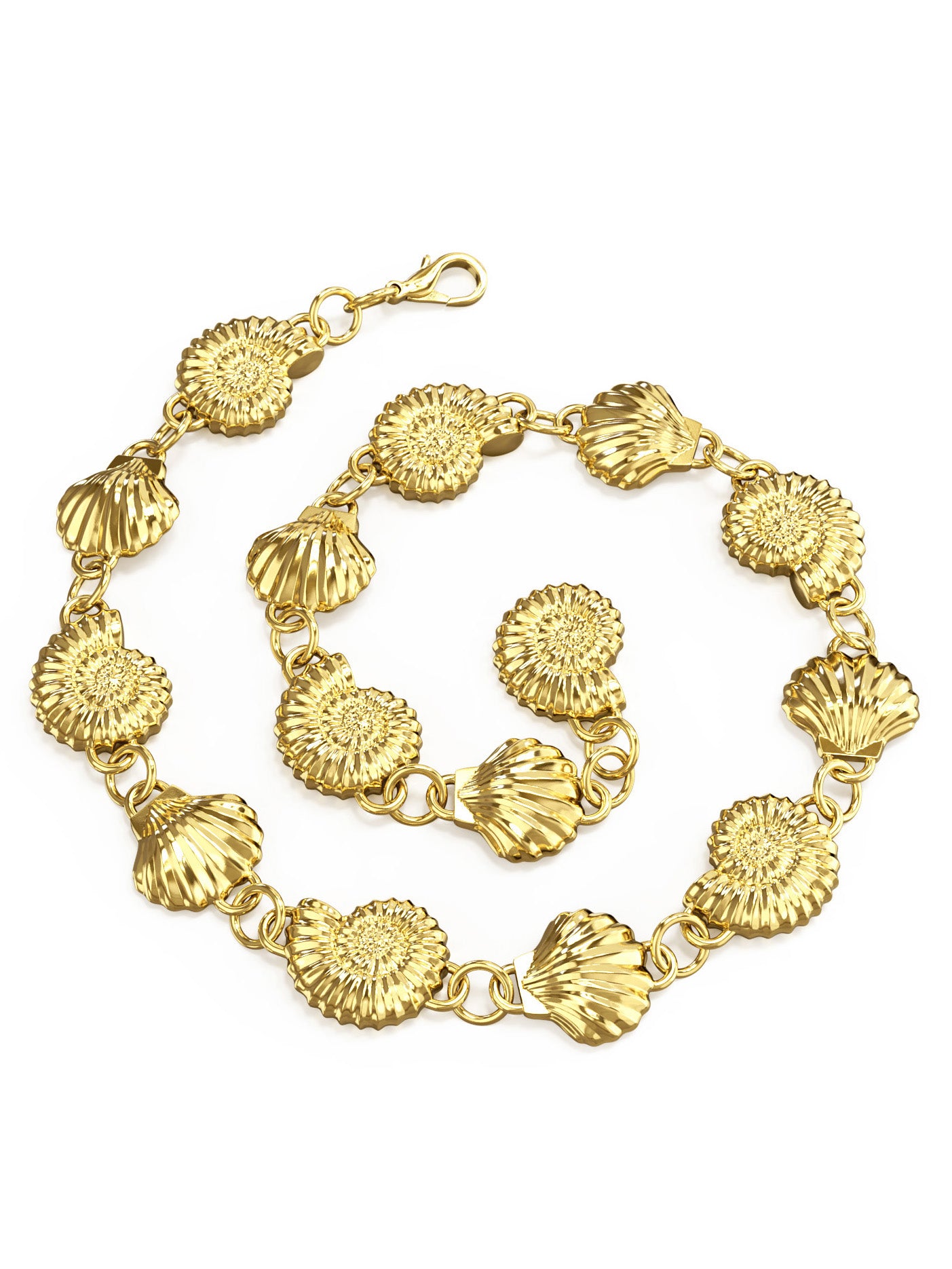 The Power of Love Anklet in gold vermeil by Pola Jewellery—shells and spirals symbolizing love, femininity, balance, and summer spirit.