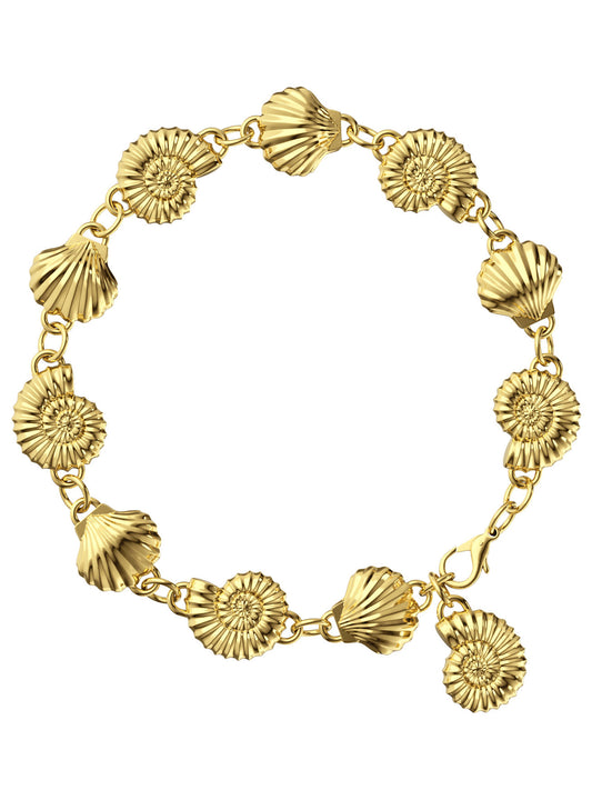 AMOR Bracelet in gold vermeil by Pola Jewellery, featuring alternating scallop shells and ammonite spirals—symbolizing love, femininity, and life’s eternal rhythms. A sculptural talisman designed to move with you and radiate summer energy.