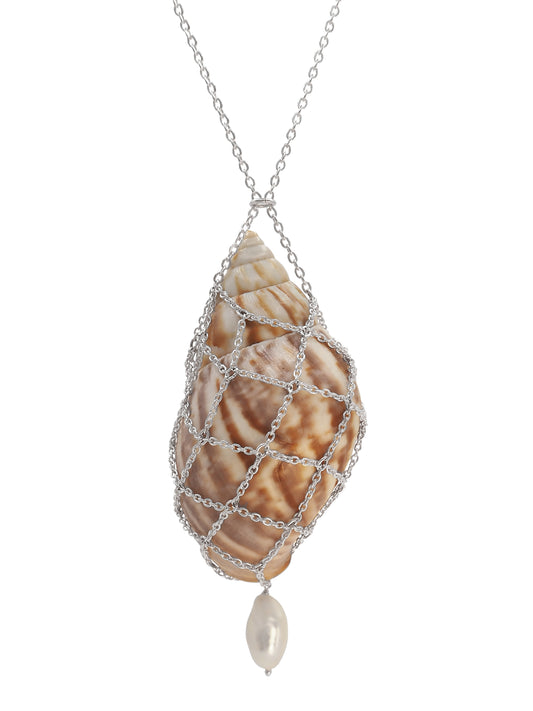 Close up of The Shell Necklace by Pola Jewellery, handcrafted silver chain fishnet with natural shell and baroque pearl drop.