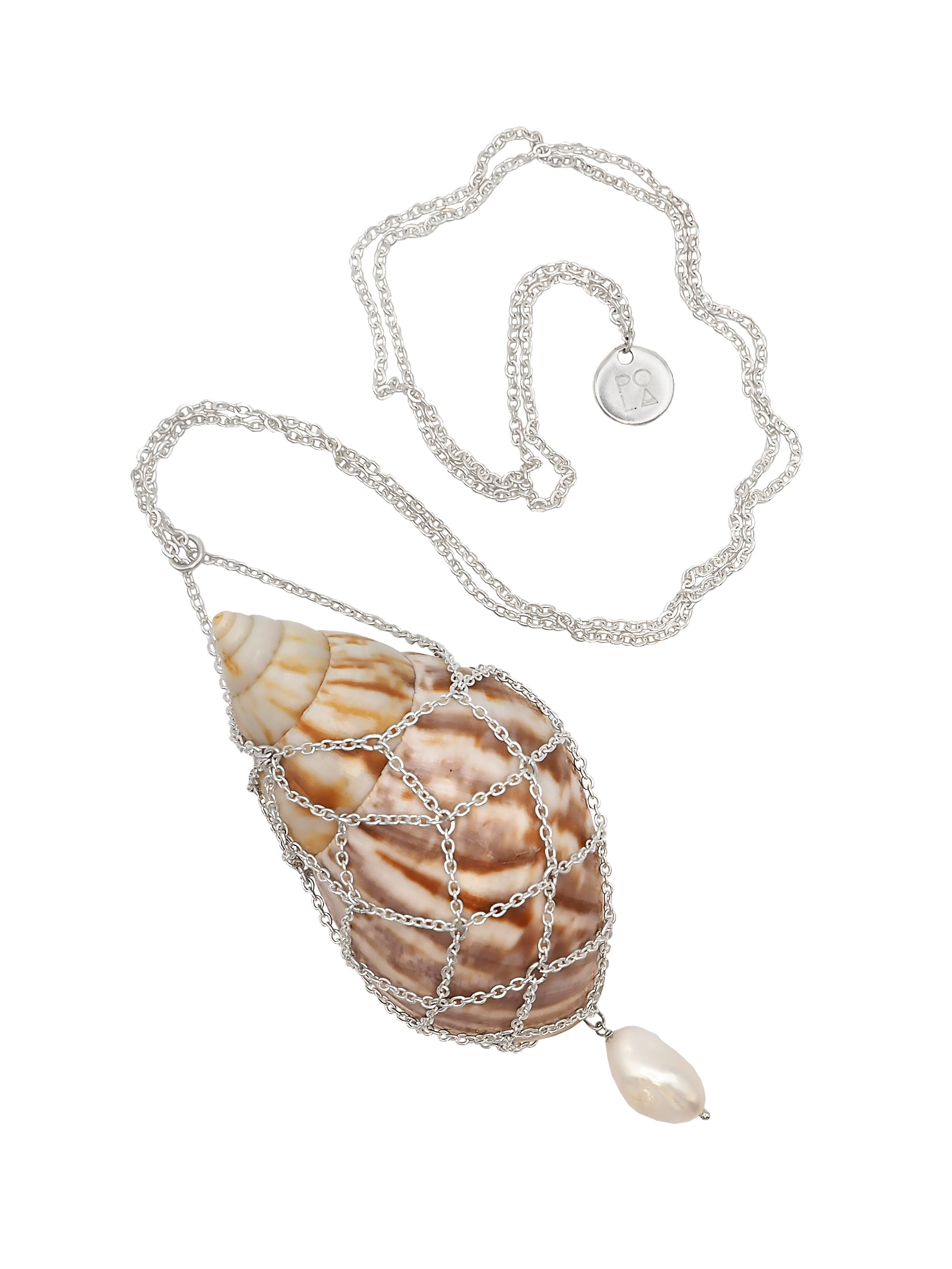 The Shell Necklace lay flat, full view. Limited edition handmade shell and baroque pearl necklace by Pola Jewellery, Mallorca.