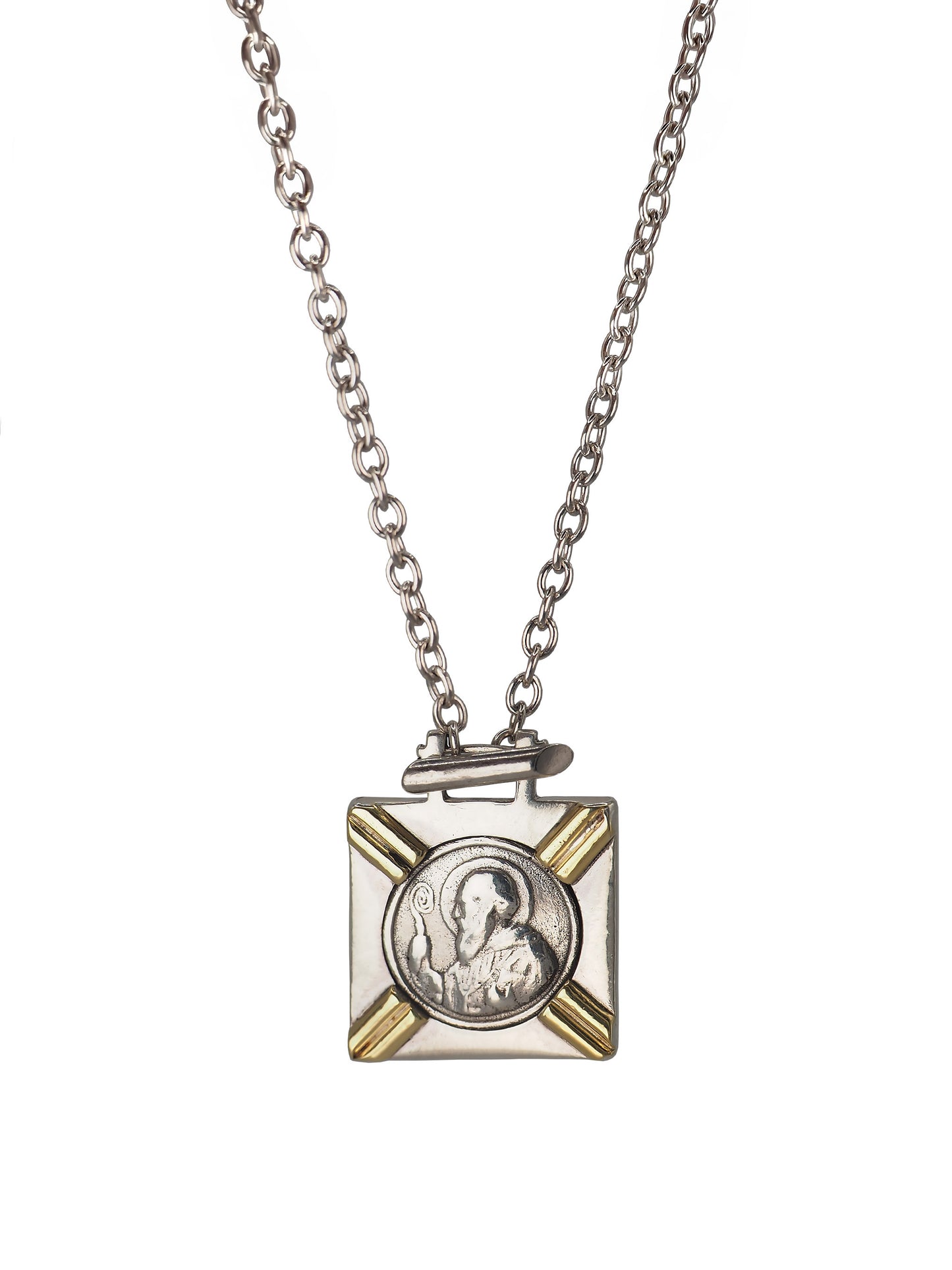 Vintage St. Benedict square pendant  necklace in silver and 18k gold with front T-bar clasp.