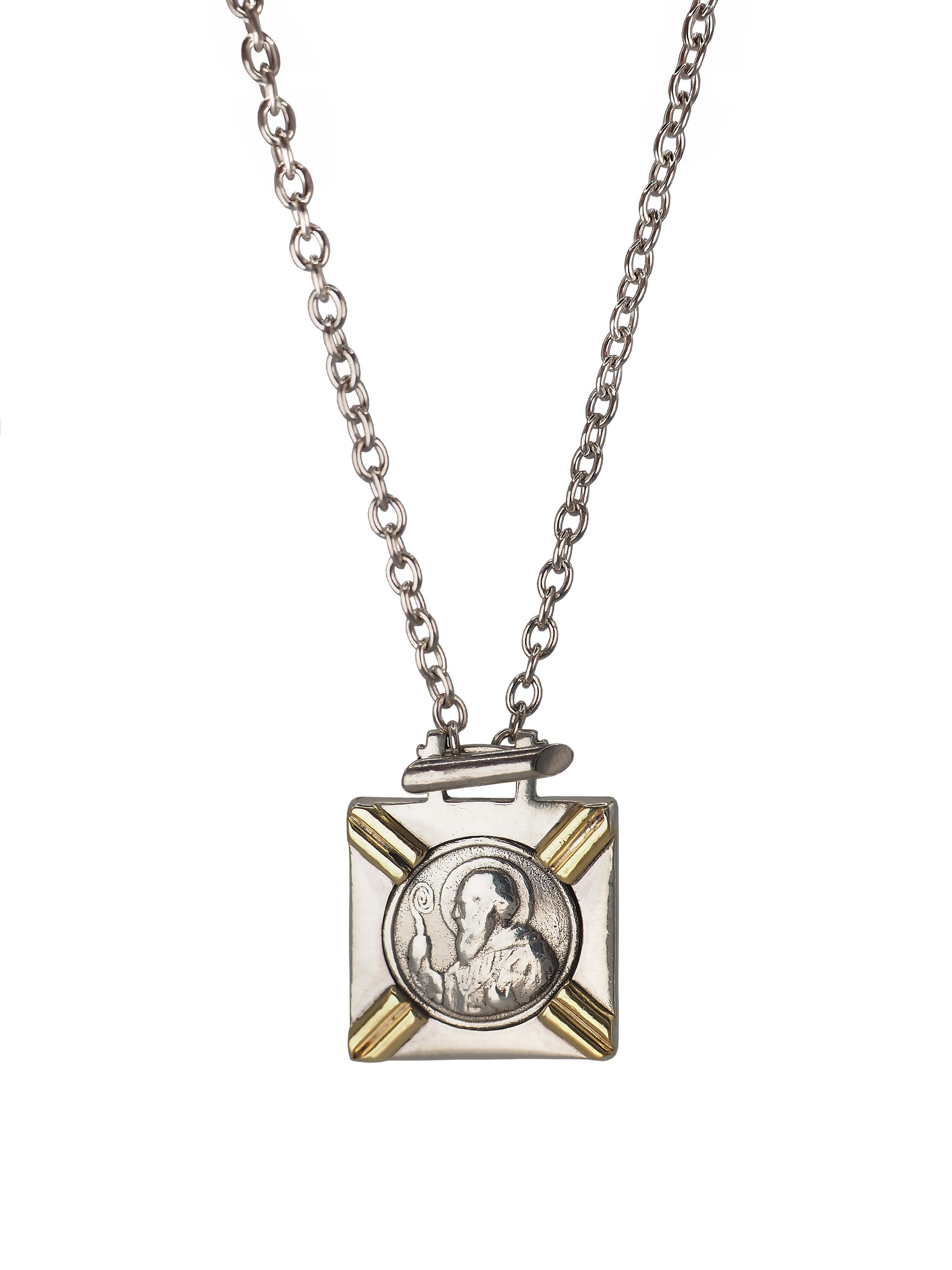 Vintage St. Benedict square pendant  necklace in silver and 18k gold with front T-bar clasp.