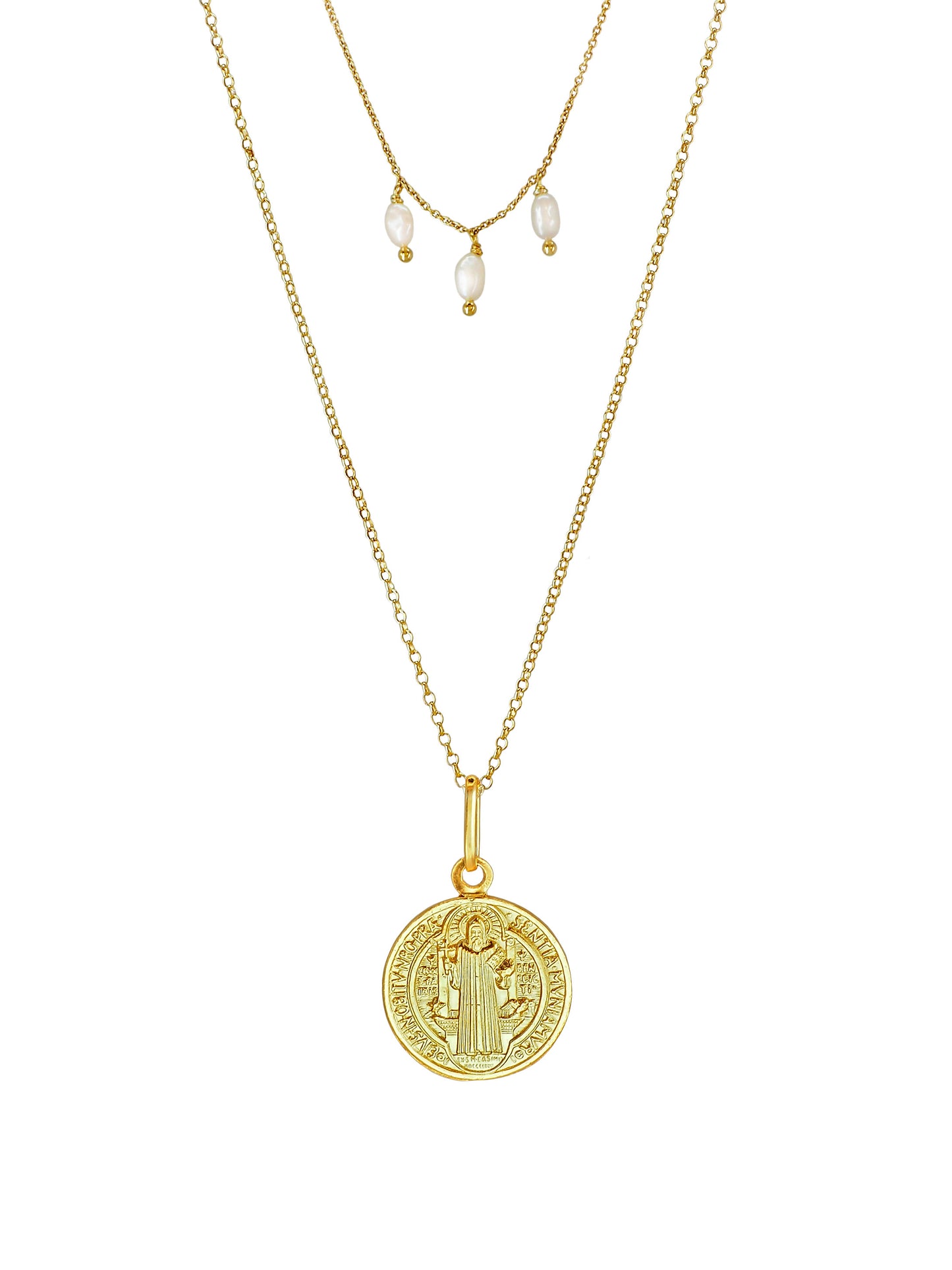 St. Benedict double-chain pearl necklace by Pola Jewellery — vintage gold-plated sterling-silver pendant with Latin inscription and freshwater pearls.
